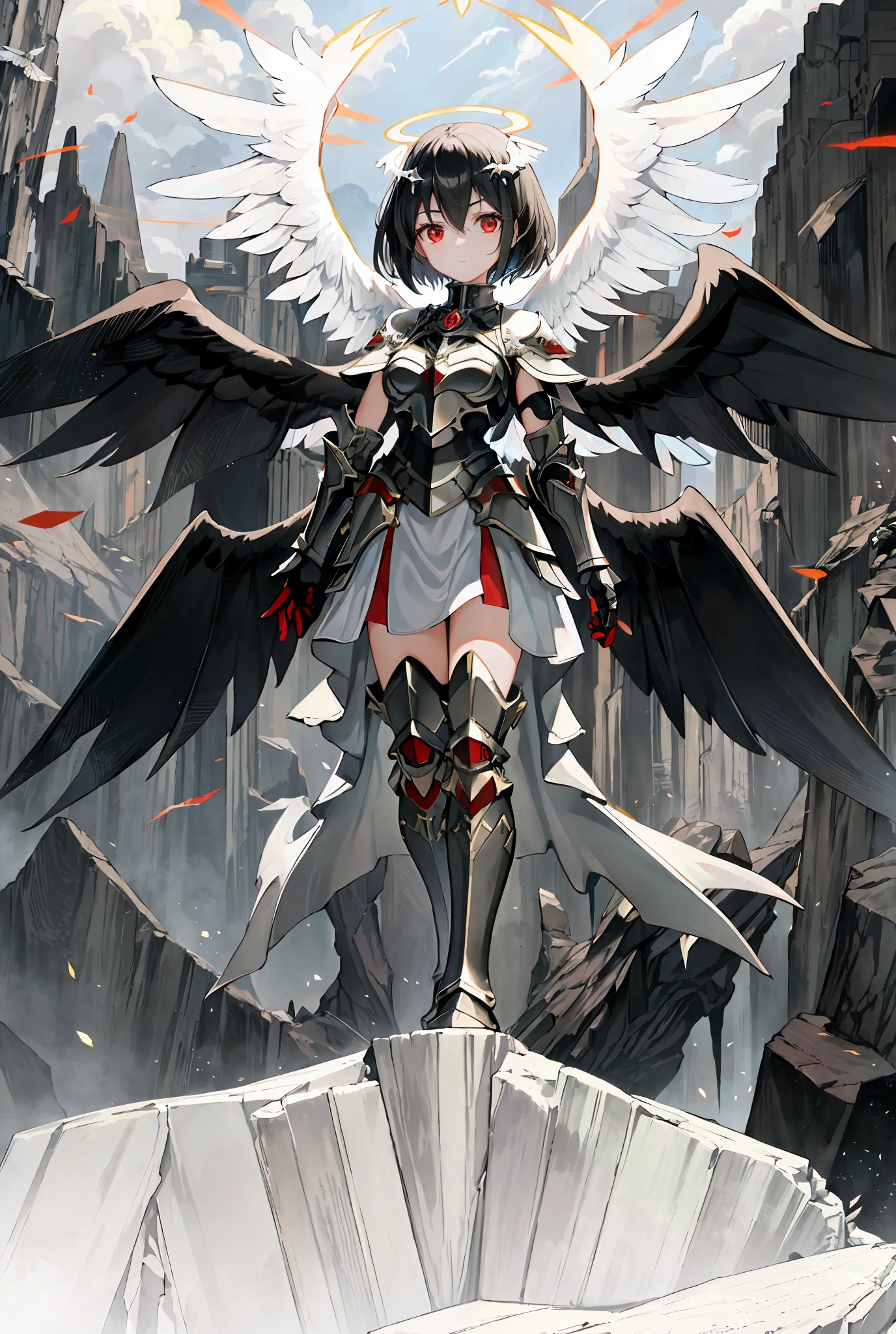 (Best Quality, Masterpiece: 1.2, Ultra Detailed, Official Art), 1 Girl, Anime Character Standing on a Cave Rock with Angel Wings, Anime Overlord's Albedo, Angel of Death, Pin Anime, As a Mysterious Valkyrie, Majestic Angel with Full Body, Albedo in Overlord, Angel of Death with Halo, Angel Halo with White Light, White Wings, Black Wings, Three Pairs of Wings, (((Black Short Hair)), Hair Ornament, (((Black Armor))), Armor Boots, Condescendingly Looking at the Audience, Red Eyes, Serious expression, handsome girl, sense of sacredness