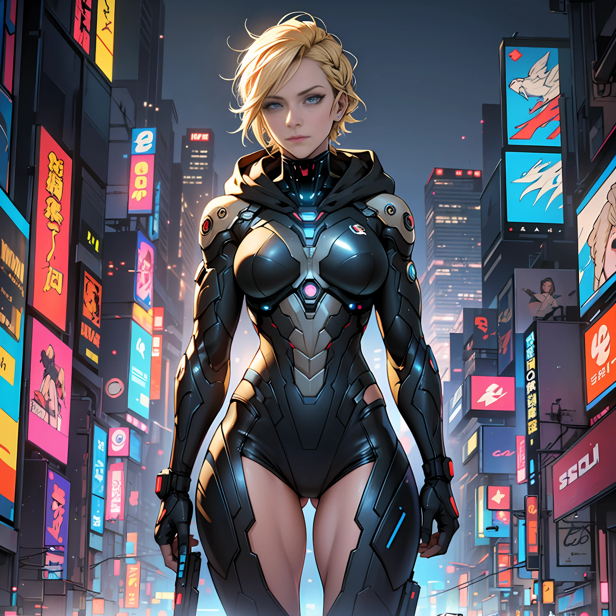 Beautiful Blonde Woman, Braided Short Hair, Big Blue Eyes, Perfect Athletic Body, Full Body, Ghost In the Shell Golden and Black Suit with Hood, Futuristic World of CyberPunk --auto --s2