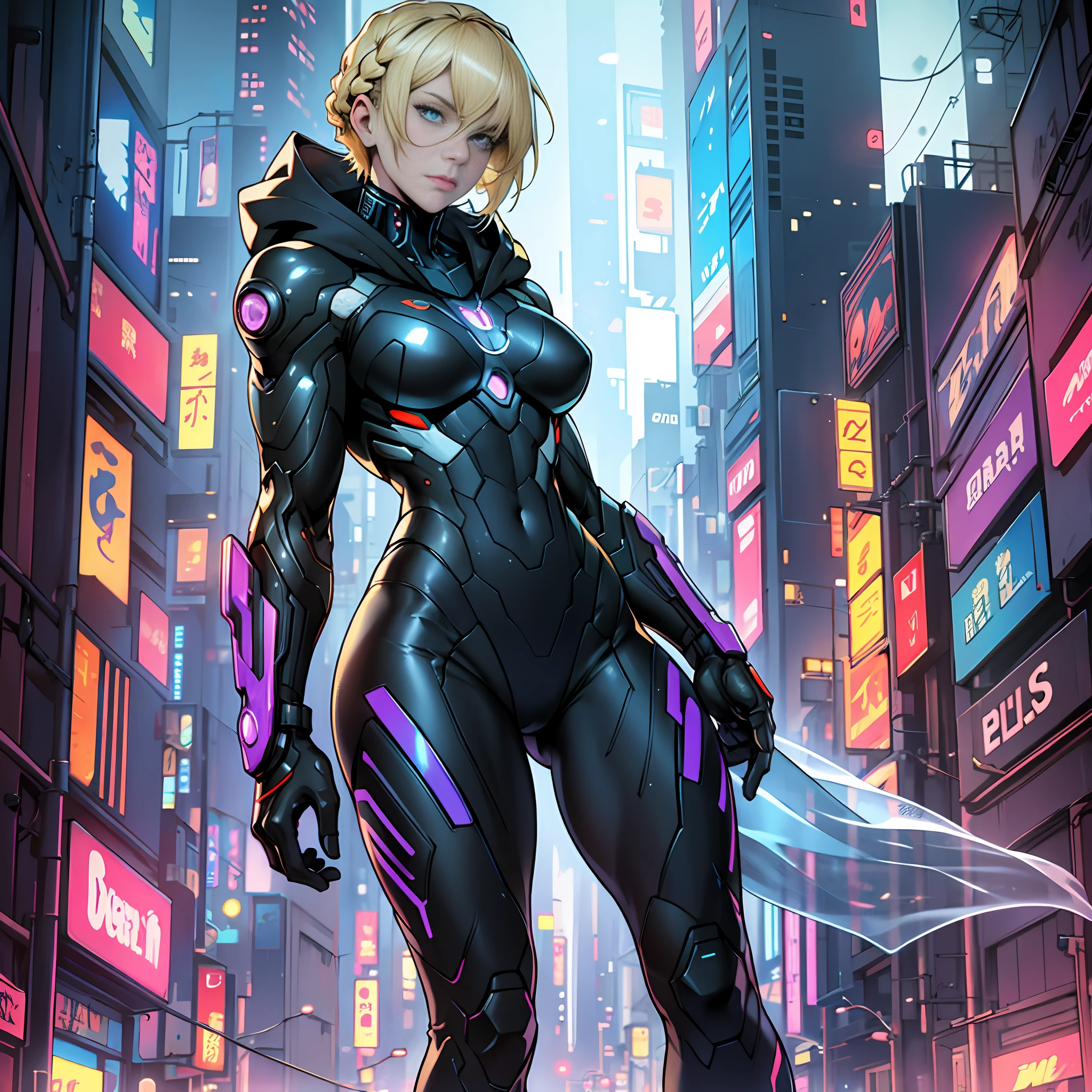 Beautiful Blonde Woman, Braided Short Hair, Big Blue Eyes, Perfect Athletic Body, Full Body, Ghost In the Shell Golden and Black Suit with Hood, Futuristic World of CyberPunk --auto --s2