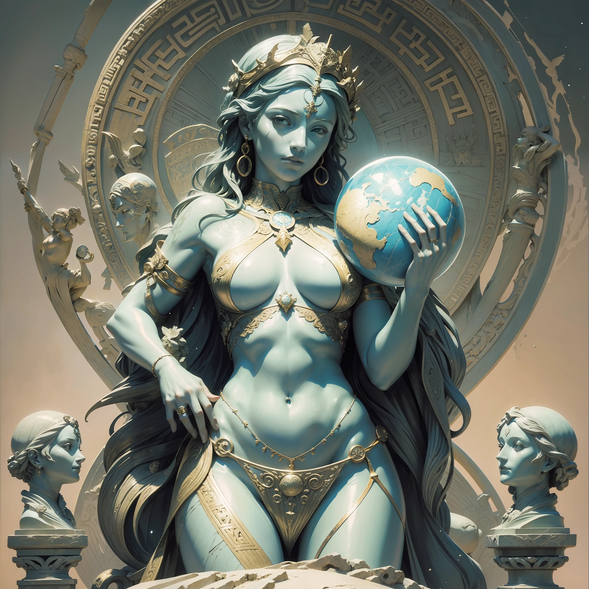 statue of a Woman with stone skin with the world on her back, holding a globe on her back, Greek mythology, atlas,hand drawing,illustration,art nouveau,tarot cards