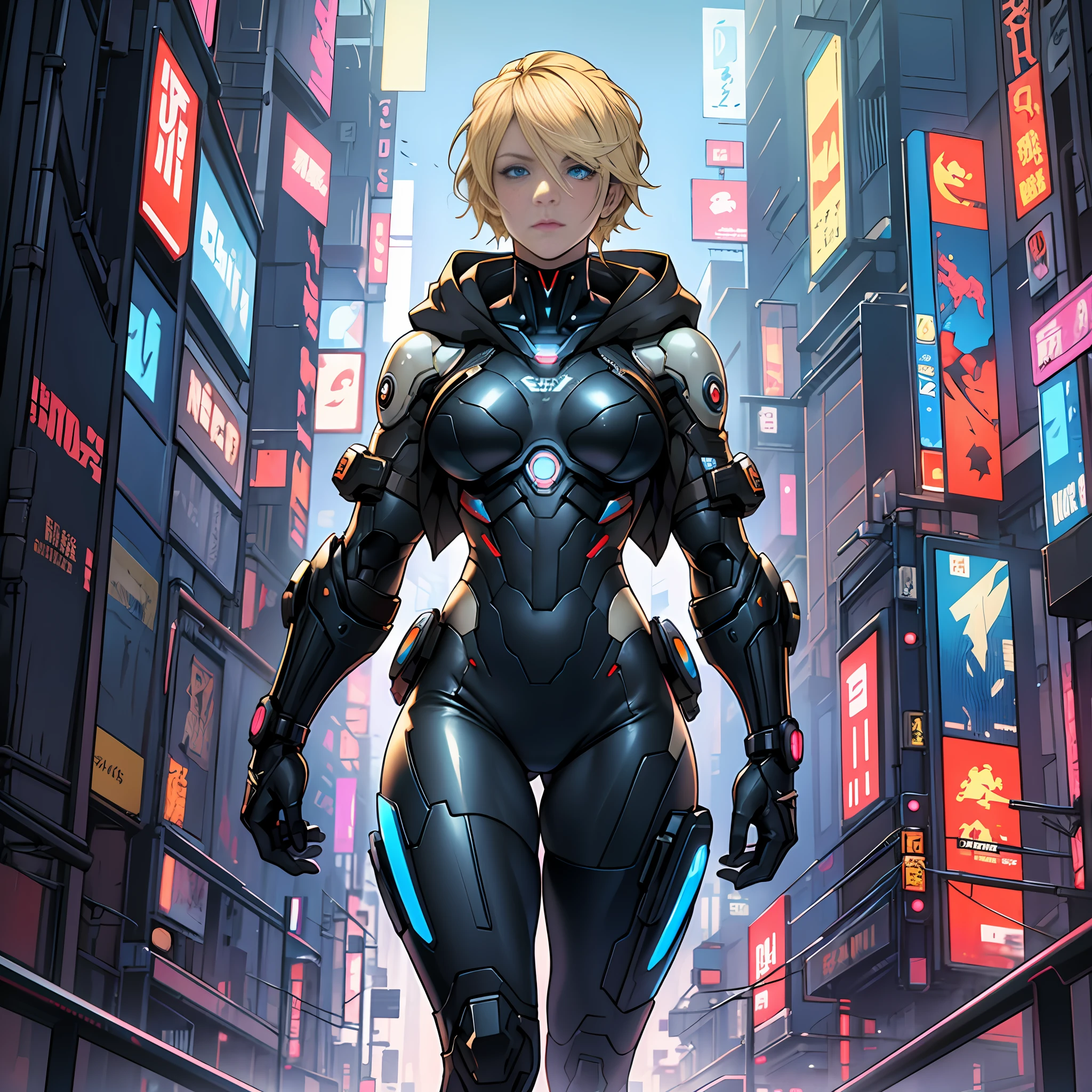 Beautiful Blonde Woman, Braided Short Hair, Big Blue Eyes, Perfect Athletic Body, Full Body, Ghost In the Shell Golden and Black Suit with Hood, Futuristic World of CyberPunk --auto --s2