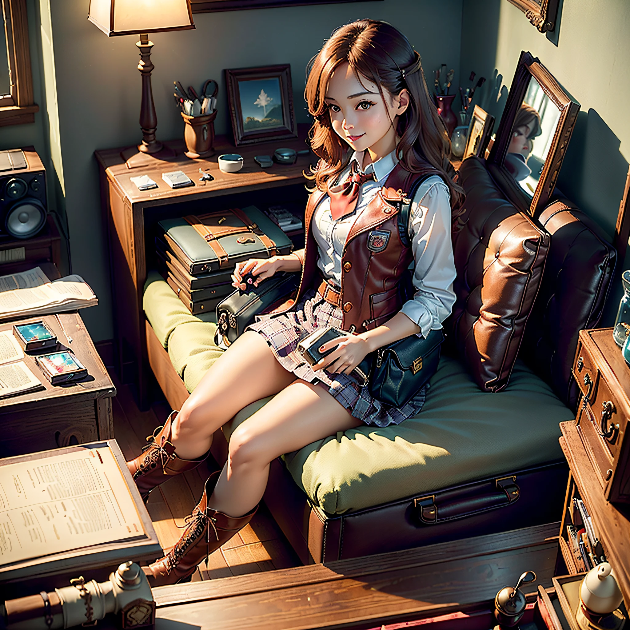 (Masterpiece, Best Quality, Best Resolution, distinct_image, Very Elaborate CG, Cinematic Lighting, Ray Tracing, Drop Shadows, Detailed Detail, (Photorealistic: 1.4), High Quality Textures, Detailed, Realistic Face Expression): (Girl Alone, Face Japan People, (Crimson Long Hair: 1.2), Small Size Breasts, Sparkly red eyes, eye level shots, happy smile, beauty, slim body, holiday, own room, console games, computer, display, keyboard, mouse, red checked skirt, white shirt with collar, leather vest, cardian, handgun holder, leather bag on back, long boots, antique radio, coffee, Model Train, Bookcase, Wooden Chair, Pot, Fan, Painting, Stuffed Animal, Tie, Notebook, Stationery, Vase, Photo Frame, Letter, Fountain Pen, Calendar, Lamp, Cushion, Basket, Profile Mirror, Candle, Newspaper, Sweets, Park View Outside the Window, Telephone, Fruit, Telescope, Retro TV)