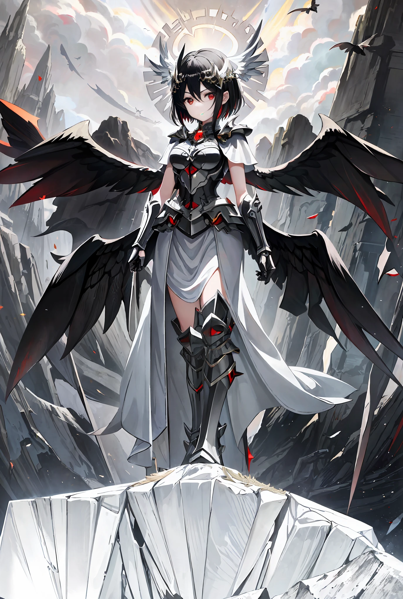 (Best Quality, Masterpiece: 1.2, Ultra Detailed, Official Art), 1 Girl, Anime Character Standing on the Rock of a Cave with Angel Wings, Albedo of Anime Overlord, Angel of Death, Pin Anime, As a Mysterious Valkyrie, Majestic Angel with Full Body, Albedo in Overlord, Angel of Death with Halo, Angel Halo with White Light, White Wings, Black Wings, Three Pairs of Wings, (((Short Black Hair)), Hair Ornament, ((Red and Black Armor)), Armor Boots, Condescendingly Looking at the Audience, Red Eyes, Serious expression, handsome girl, god, sense of sacredness