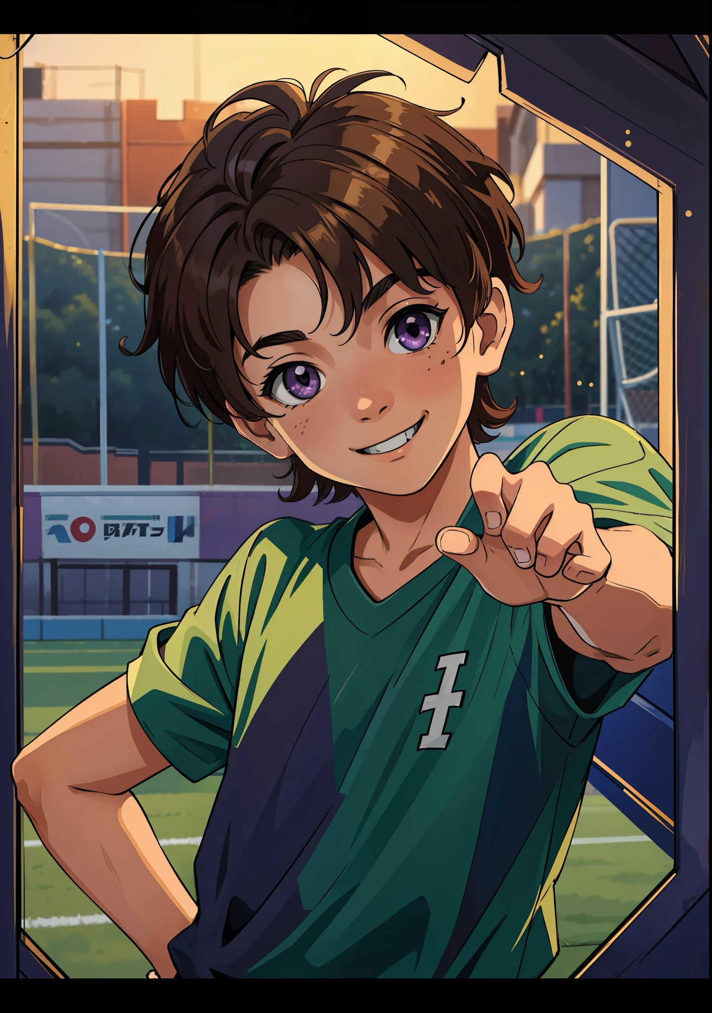 (masterpiece, best quality), intricate details, 8k, artstation, wallpaper, official art, splash art, sharp focus, 1 boy, child, short hair above ear half spiky, smiling, brown skin, bright purple eyes, holding a football, making a V sign with the other hand, soccer court in the background, green grass, by day