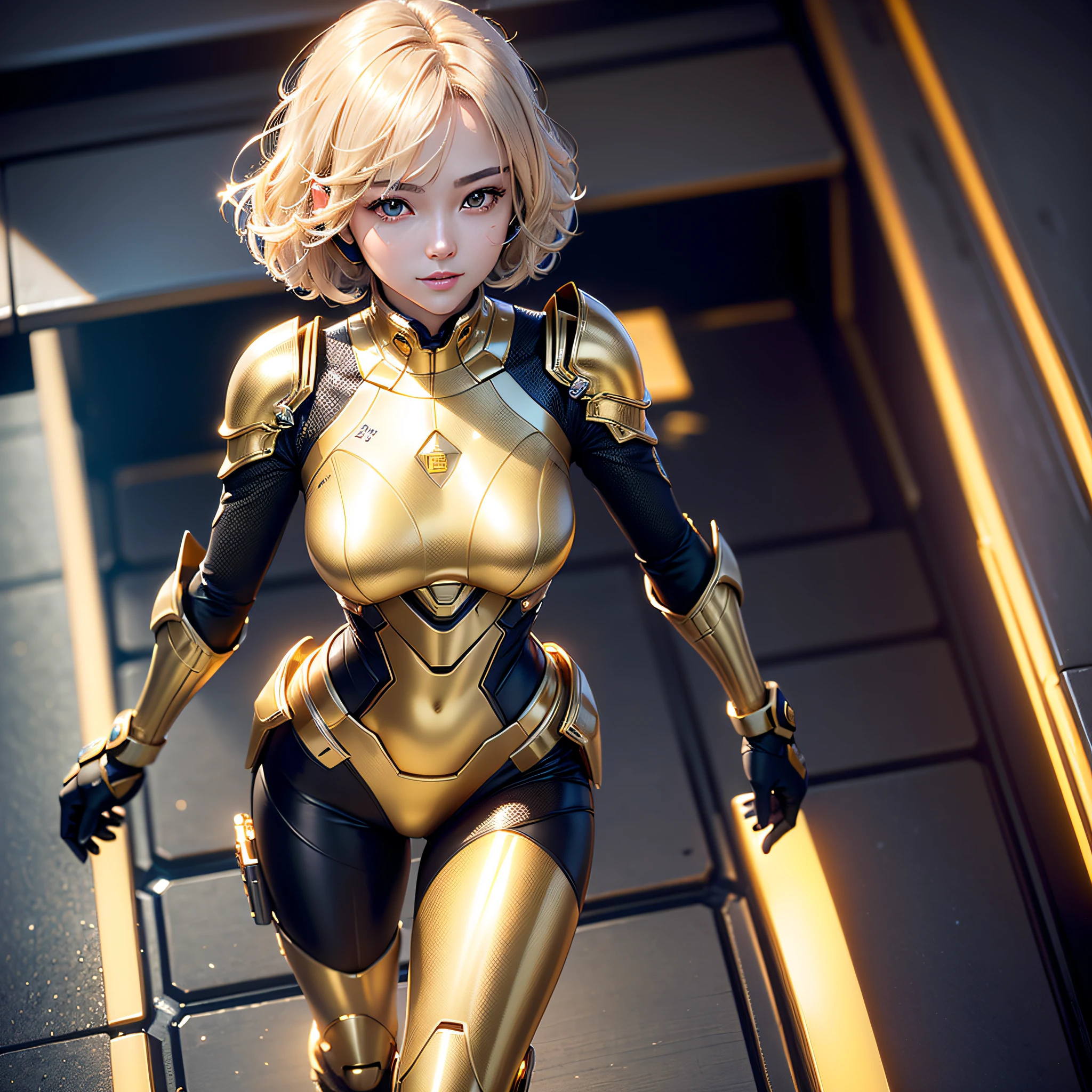 (Masterpiece, highest quality, highest resolution, distinct_image, very elaborate CG, cinematic lighting, ray tracing, drop shadows, detailed detail, (photorealistic: 1.4), high quality textures, fine-grained, realistic face expression): (single girl, face is Japan, girl with golden hair, short hair, small size breasts, Sparkly black color eyes, eye level shots, metallic golden flight suit, tight fit clothes, full body covering clothes, light smile, beauty, slim body, exoskeleton, heroine, headset, long boots, gloves)