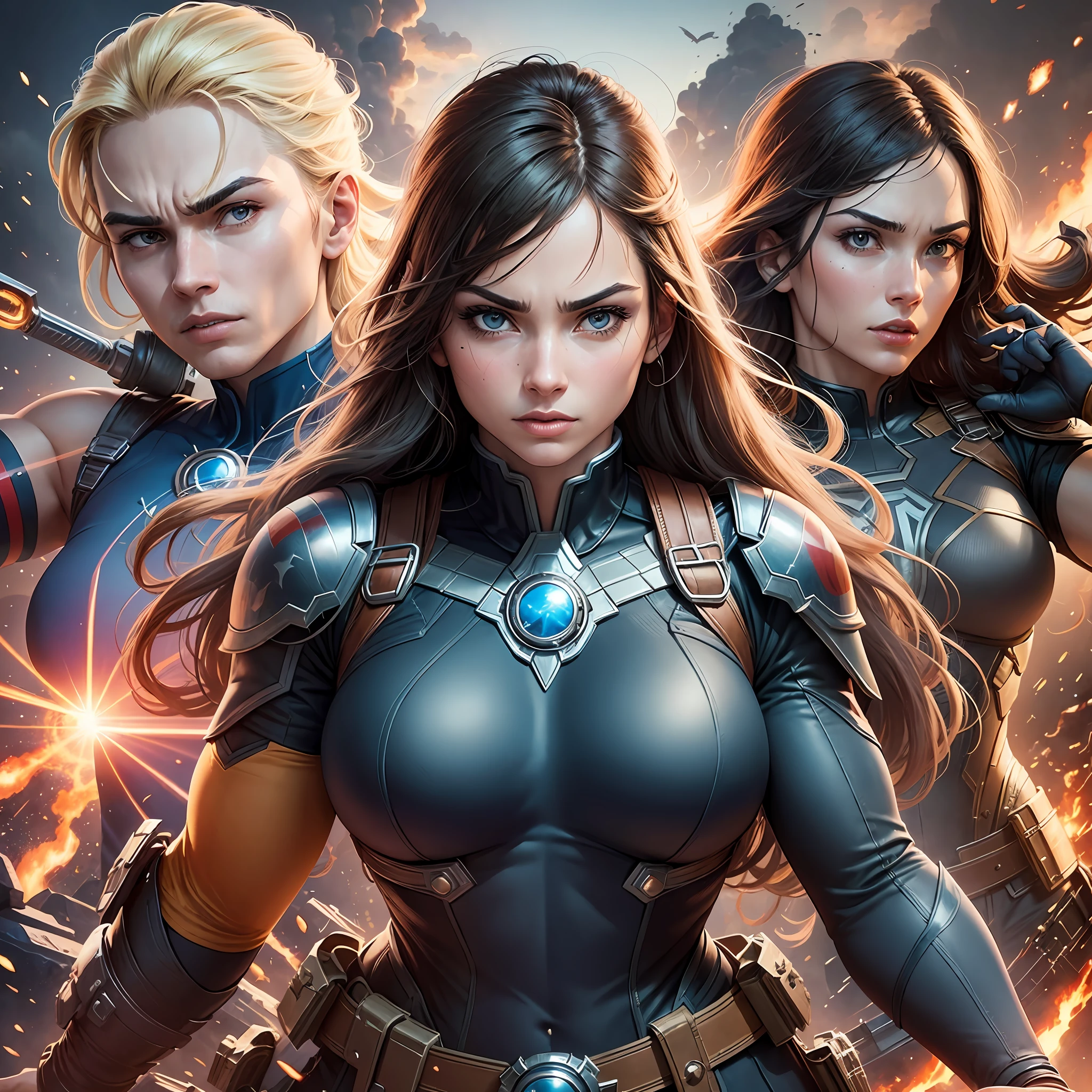 Powerful, brave, determined, saving the world together, iconic uniforms, heroic poses, action scenery, epic explosions, stunning special effects, determined looks, gestures of mutual protection, unwavering love. He is strong and fearless. She's smart and skilled. Together they are unbeatable. All this in a vibrant and dynamic style typical of Marvel --auto --s2