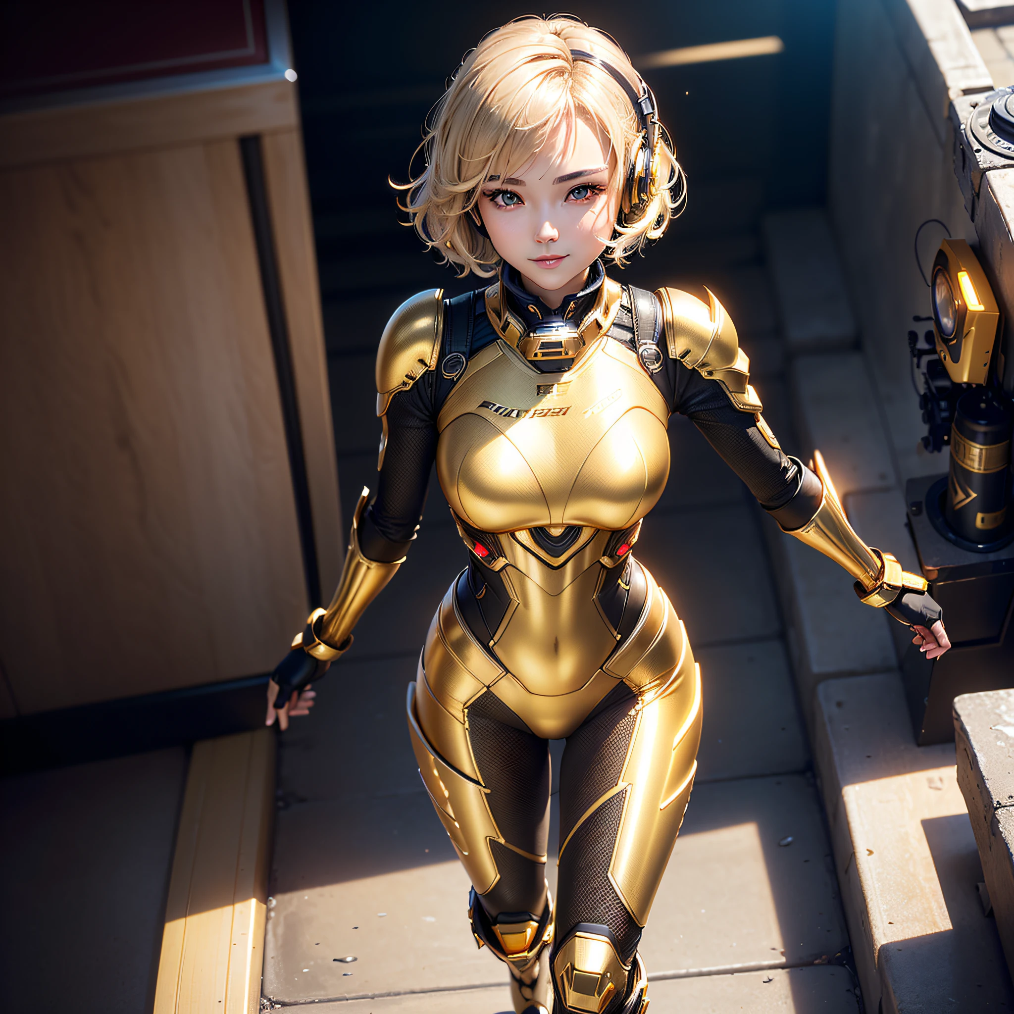 (Masterpiece, highest quality, highest resolution, distinct_image, very elaborate CG, cinematic lighting, ray tracing, drop shadows, detailed detail, (photorealistic: 1.4), high quality textures, fine-grained, realistic face expression): (single girl, face is Japan, girl with golden hair, short hair, small size breasts, Sparkly black color eyes, eye level shots, metallic golden flight suit, tight fit clothes, full body covering clothes, light smile, beauty, slim body, exoskeleton, heroine, headset, long boots, gloves)