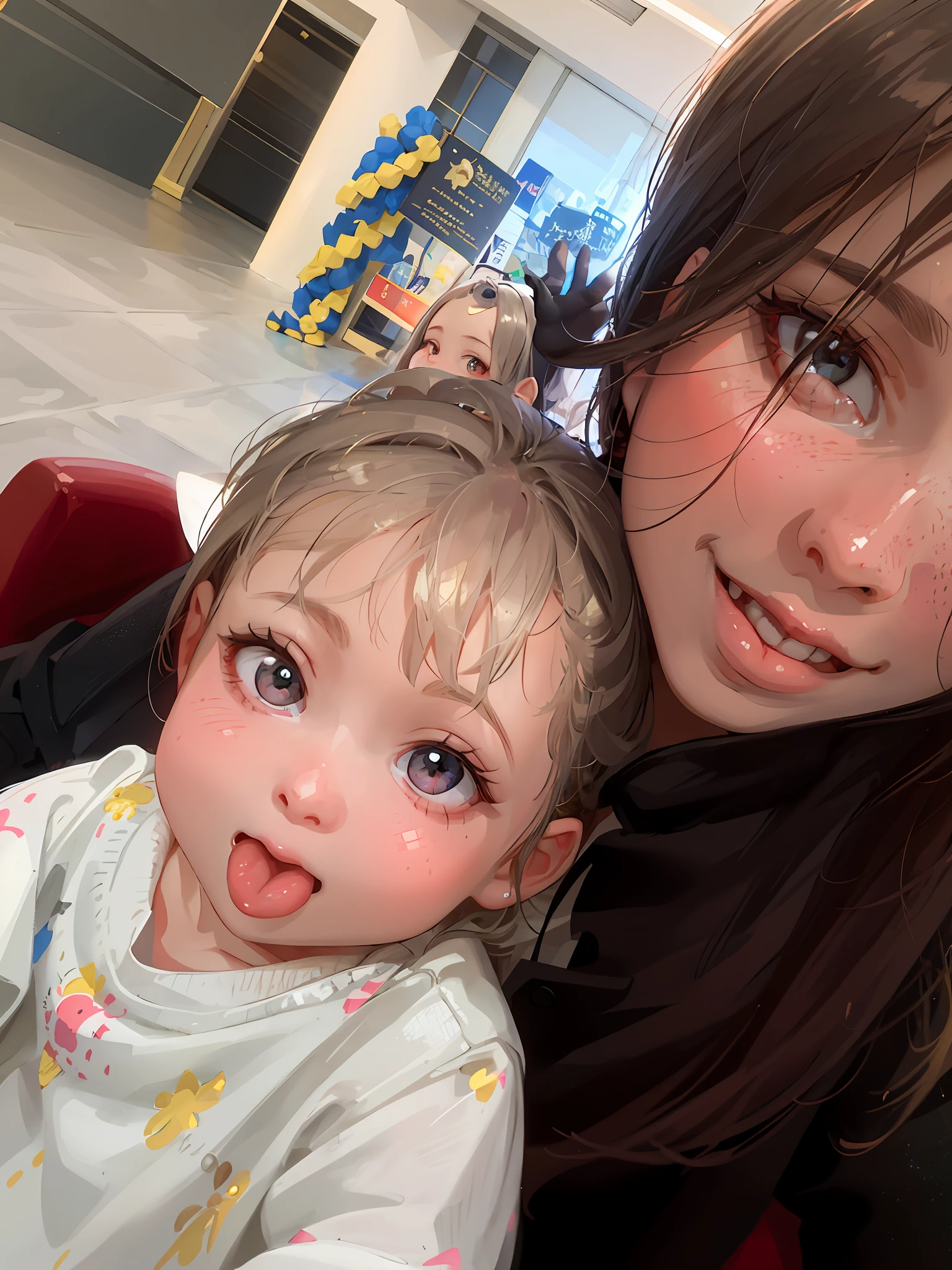 1girl beautiful beautiful big eyes smile showing neat white teeth, 1baby girl cute beautiful sticking out tongue, woman holding selfie, intricate details, glowing light, backlight, perfect proportions, UHD, ArtGerm art, masterpiece,