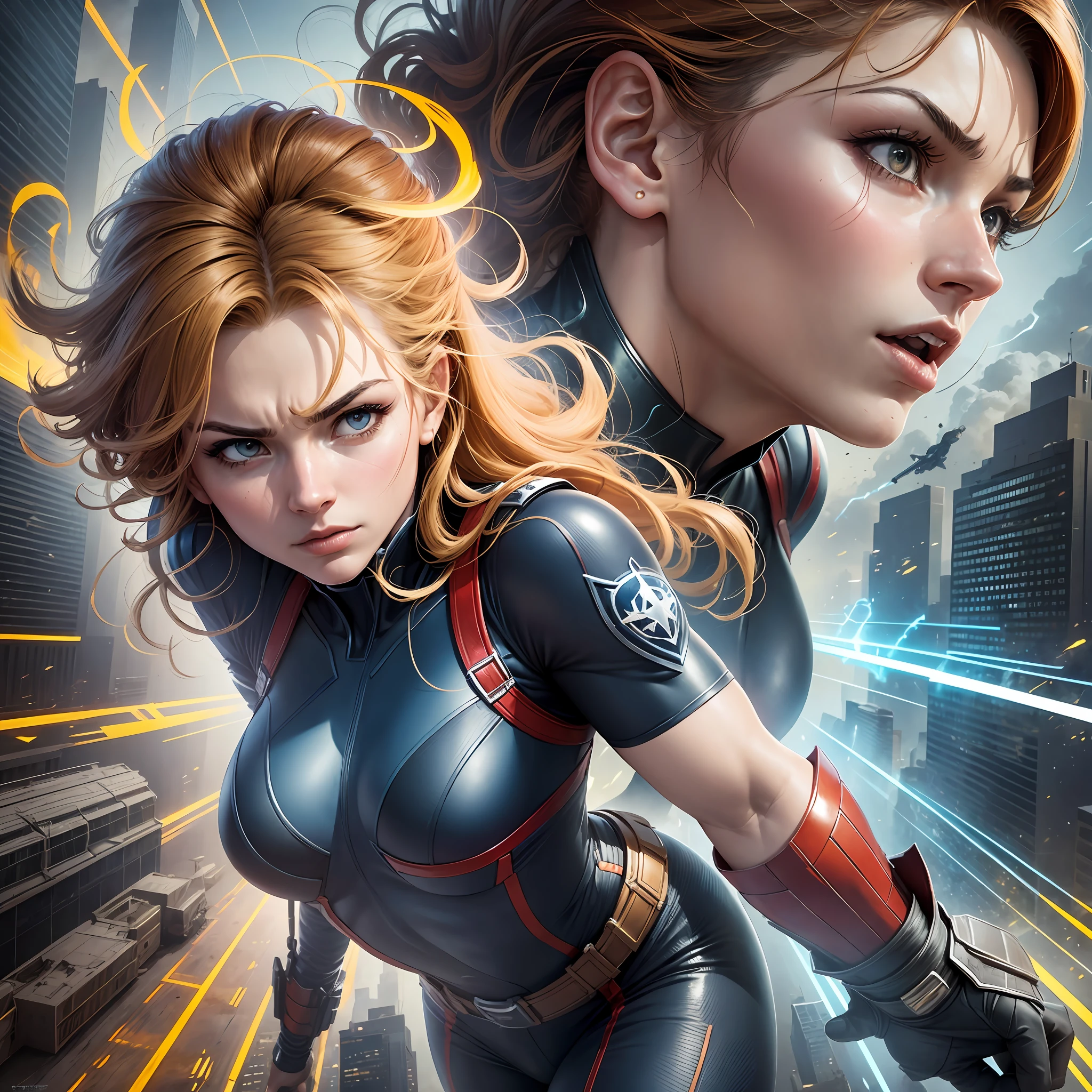 Powerful, brave, determined, saving the world together, iconic uniforms, heroic poses, action scenery, epic explosions, stunning special effects, determined looks, gestures of mutual protection, unwavering love. He is strong and fearless. She's smart and skilled. Together they are unbeatable. All this in a vibrant and dynamic style typical of Marvel --auto --s2