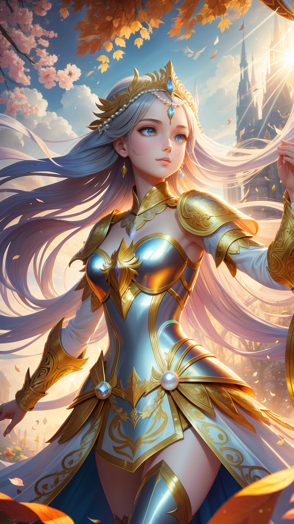 award winning concept art of tall (1girl:1.2) in pearl shiny ornate armor, epic, god rays, centered, (masterpiece:1.2), (best quality:1.2), Amazing, highly detailed, beautiful, finely detail, warm soft color grading, Depth of field, extremely detailed 8k, fine art, stunning, iridescent, shiny, light reflections, crisp, curls, wind, flying leaves, dynamic pose, hyper realism, vibrant, sunlit