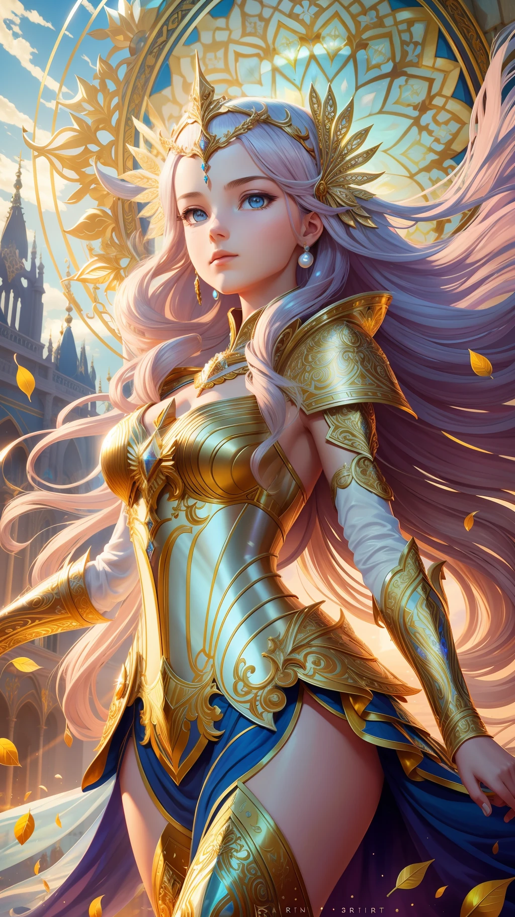 award winning concept art of tall (1girl:1.2) in pearl shiny ornate armor, epic, god rays, centered, (masterpiece:1.2), (best quality:1.2), Amazing, highly detailed, beautiful, finely detail, warm soft color grading, Depth of field, extremely detailed 8k, fine art, stunning, iridescent, shiny, light reflections, crisp, curls, wind, flying leaves, dynamic pose, hyper realism, vibrant, sunlit