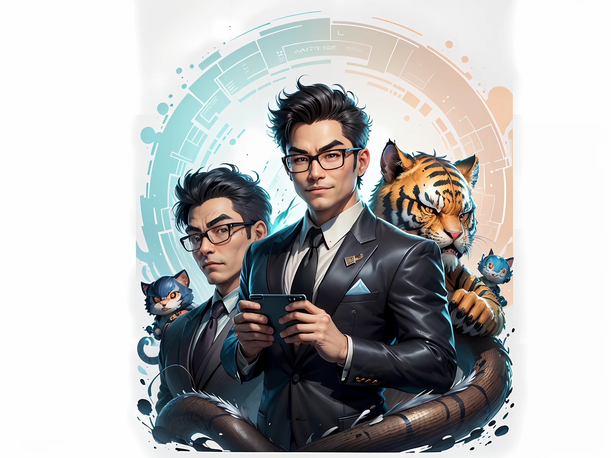 (Masterpiece), (Extreme Quality), (Super Meticulous), (Full Body: 1.2), Super Young Man, Chinese Dragon, Tiger, Wind God Thor, Sexy, Bursting, Oriental Face, TV Anchor, Bust Portrait Illustration, Black Formal Suit, Blue Tie, Slightly Chubby Face, Silver Glasses, Very Clean Face, No Beard on Chin, Black Super Short Hair, Black Eyes, Confident Smile, 3c Computer Sub-Products, iPad, iPhone, Digital Painting, 3D Character Design by Mark Claireden and Pixar and Hayao Miyazaki and Akira Toriyama, The illustration is a high-definition illustration in 4K resolution with very detailed facial features and cartoon-style visuals.