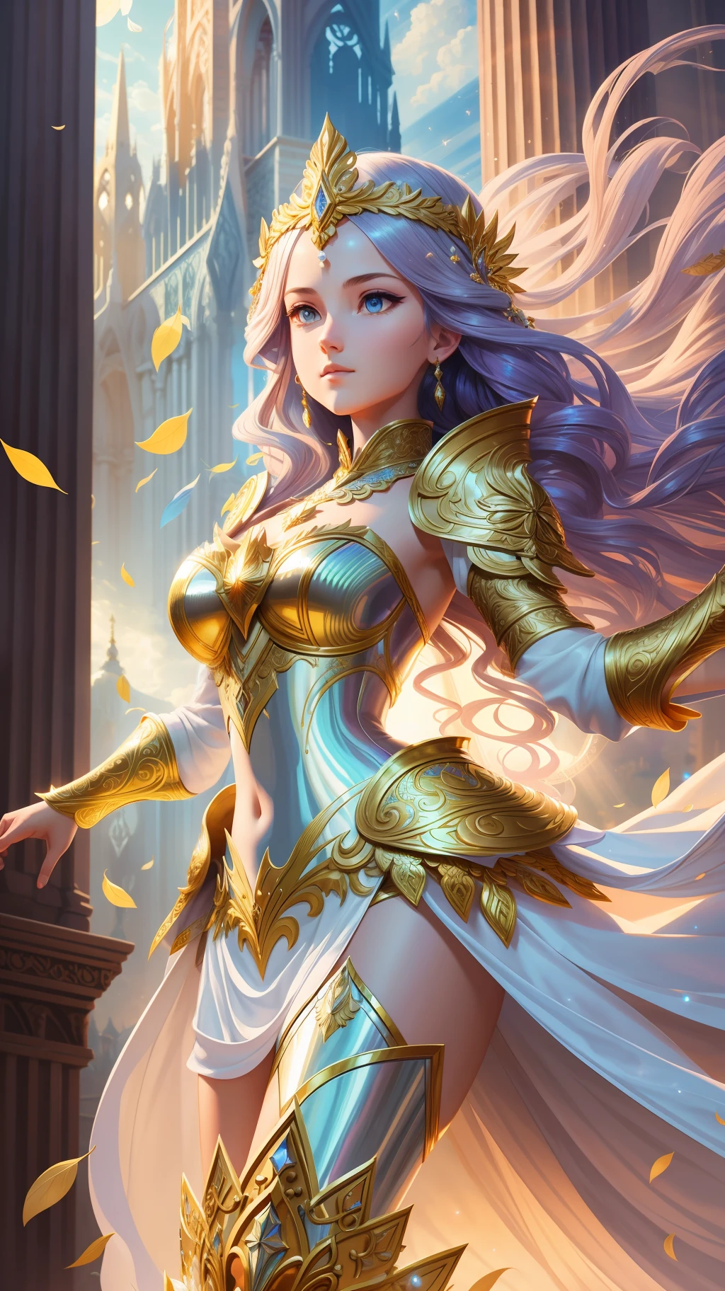 award winning concept art of tall (1girl:1.2) in pearl shiny ornate armor, epic, god rays, centered, (masterpiece:1.2), (best quality:1.2), Amazing, highly detailed, beautiful, finely detail, warm soft color grading, Depth of field, extremely detailed 8k, fine art, stunning, iridescent, shiny, light reflections, crisp, curls, wind, flying leaves, dynamic pose, hyper realism, vibrant, sunlit