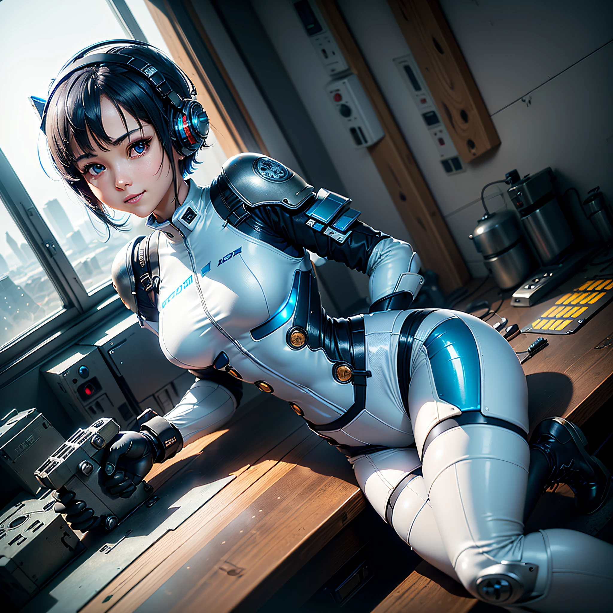 (Masterpiece, Best Quality, Best Resolution, Very Elaborate CG, Cinematic Lighting, Ray Tracing, Drop Shadows, Detail Detail, (Photorealistic), High Quality Textures, Realistic Look, Very Detailed, Sharp, High Quality, Leading Edge, Beautiful Rendering, Dramatic Pose, Detailed Shading): (Solo, Girl Alone, Japan face, short blue hair, cute girl face, short, small size breasts, sparkly blue eyes, eye level shots, pilot suit in white and blue color, tight-fitting clothes, clothes covering the whole body, light grin smile, beautiful, slim body, exoskeleton, heroine, headset, long boots, gloves, airplane control panel, tools, radar display, Touch panel, various indicators, levers, computer keyboard, mouse, warning light, fuel gauge, pressure gauge, base outside the window, control stick, thick manual, wireless communication device)