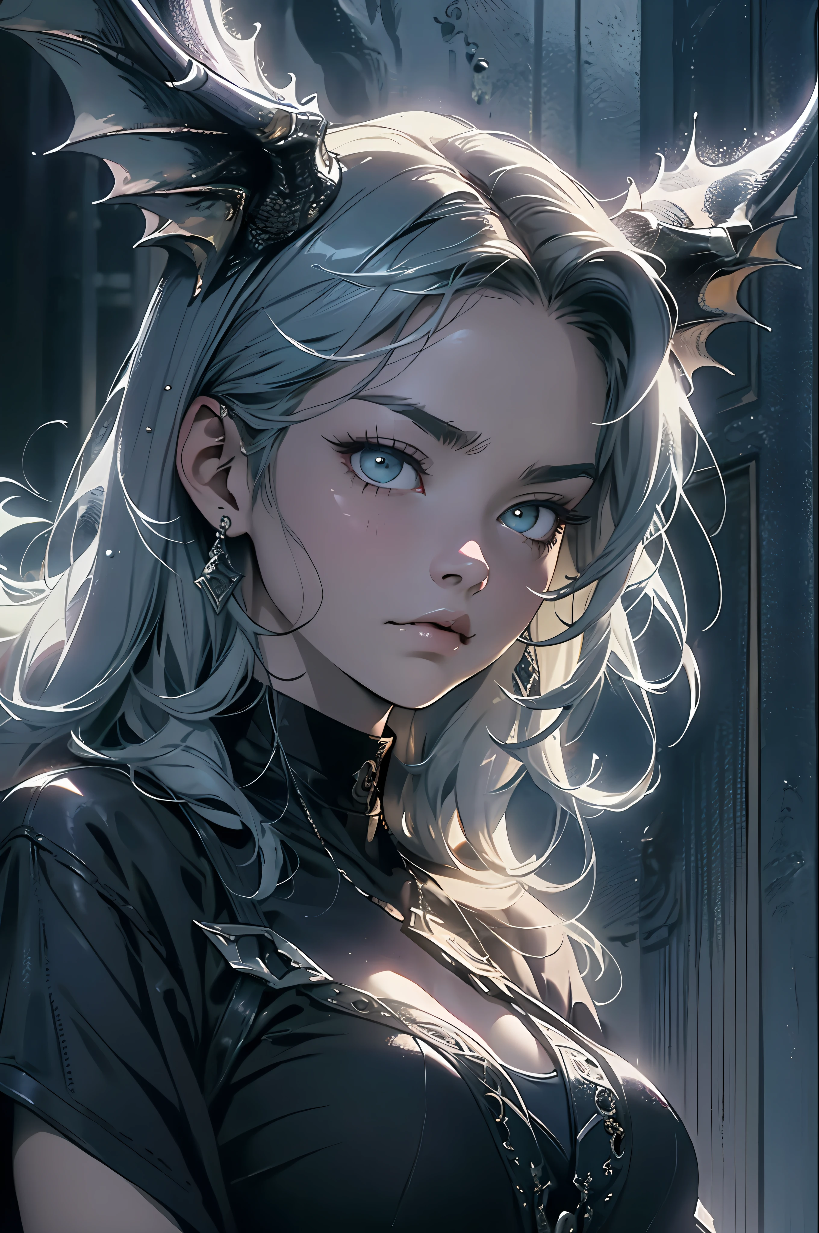 absurd, highres, ultra detailed, moody lighting, quiet, calm, brightness, masterpiece, best quality, 1girl, dark fantasy movie of the 90s yet, menacing dragon next door