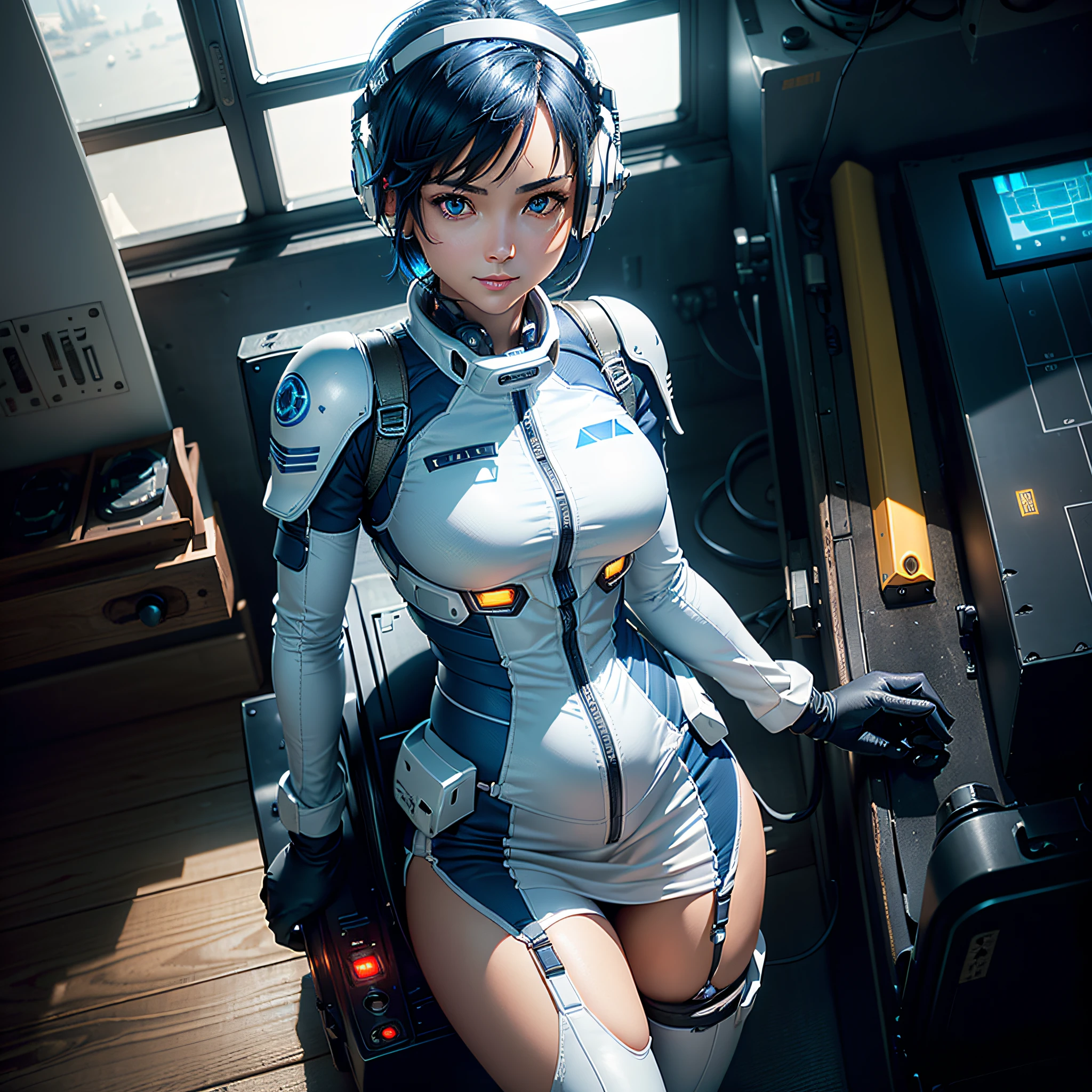 (Masterpiece, Best Quality, Best Resolution, Very Elaborate CG, Cinematic Lighting, Ray Tracing, Drop Shadows, Detail Detail, (Photorealistic), High Quality Textures, Realistic Look, Very Detailed, Sharp, High Quality, Leading Edge, Beautiful Rendering, Dramatic Pose, Detailed Shading): (Solo, Girl Alone, Japan face, short blue hair, cute girl face, short, small size breasts, sparkly blue eyes, eye level shots, pilot suit in white and blue color, tight-fitting clothes, clothes covering the whole body, light grin smile, beautiful, slim body, exoskeleton, heroine, headset, long boots, gloves, airplane control panel, tools, radar display, Touch panel, various indicators, levers, computer keyboard, mouse, warning light, fuel gauge, pressure gauge, base outside the window, control stick, thick manual, wireless communication device)