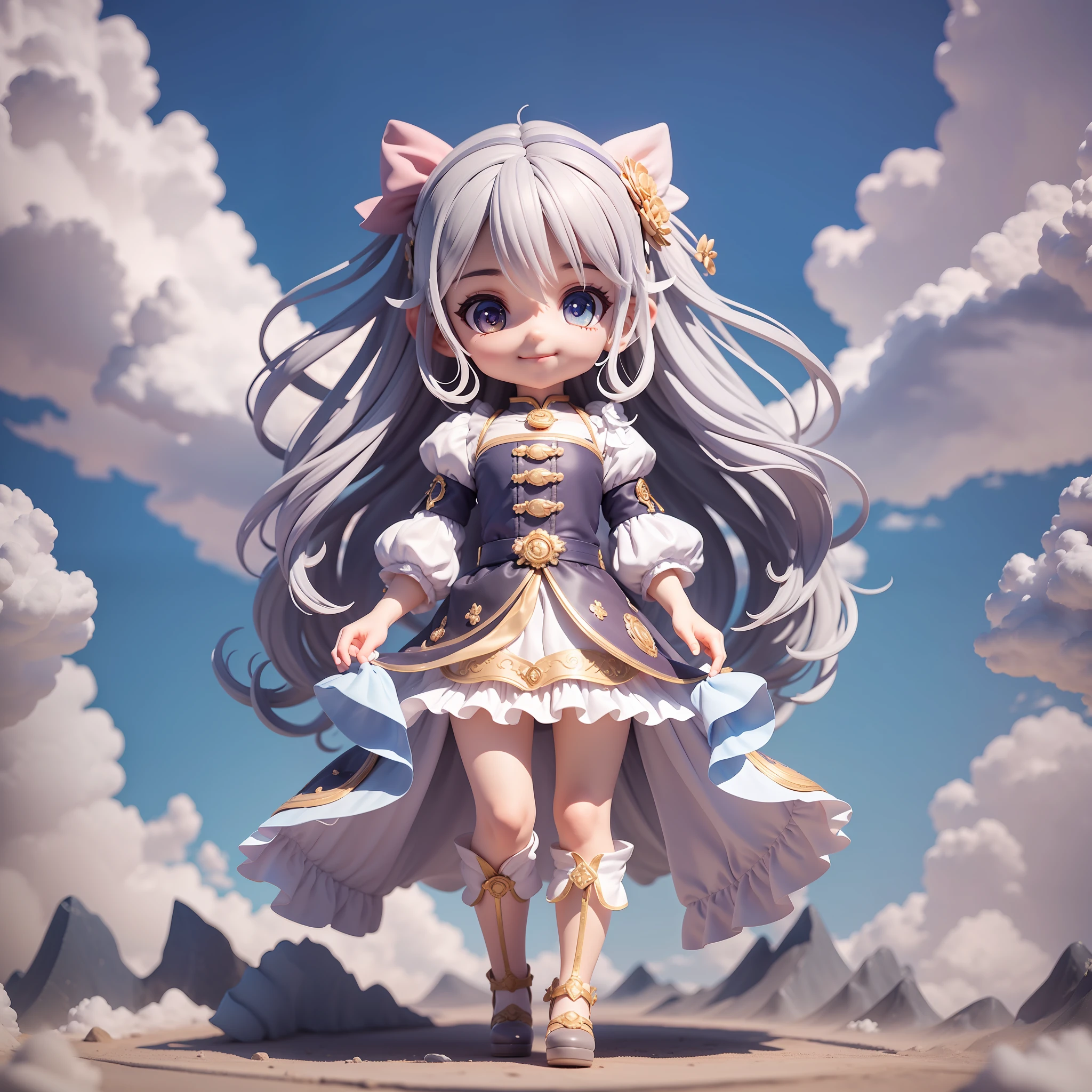 Masterpiece, Best Quality, Lots of Detail, (Full Body:1.2), Chibi, Cloud Girl, Clouds, Sky, Rainbow, Gray Hair, Magician Long Dress, Lively, Detail Hands, Five Fingers, Big Eyes, Smile, 3D Rendering, Q Print Style