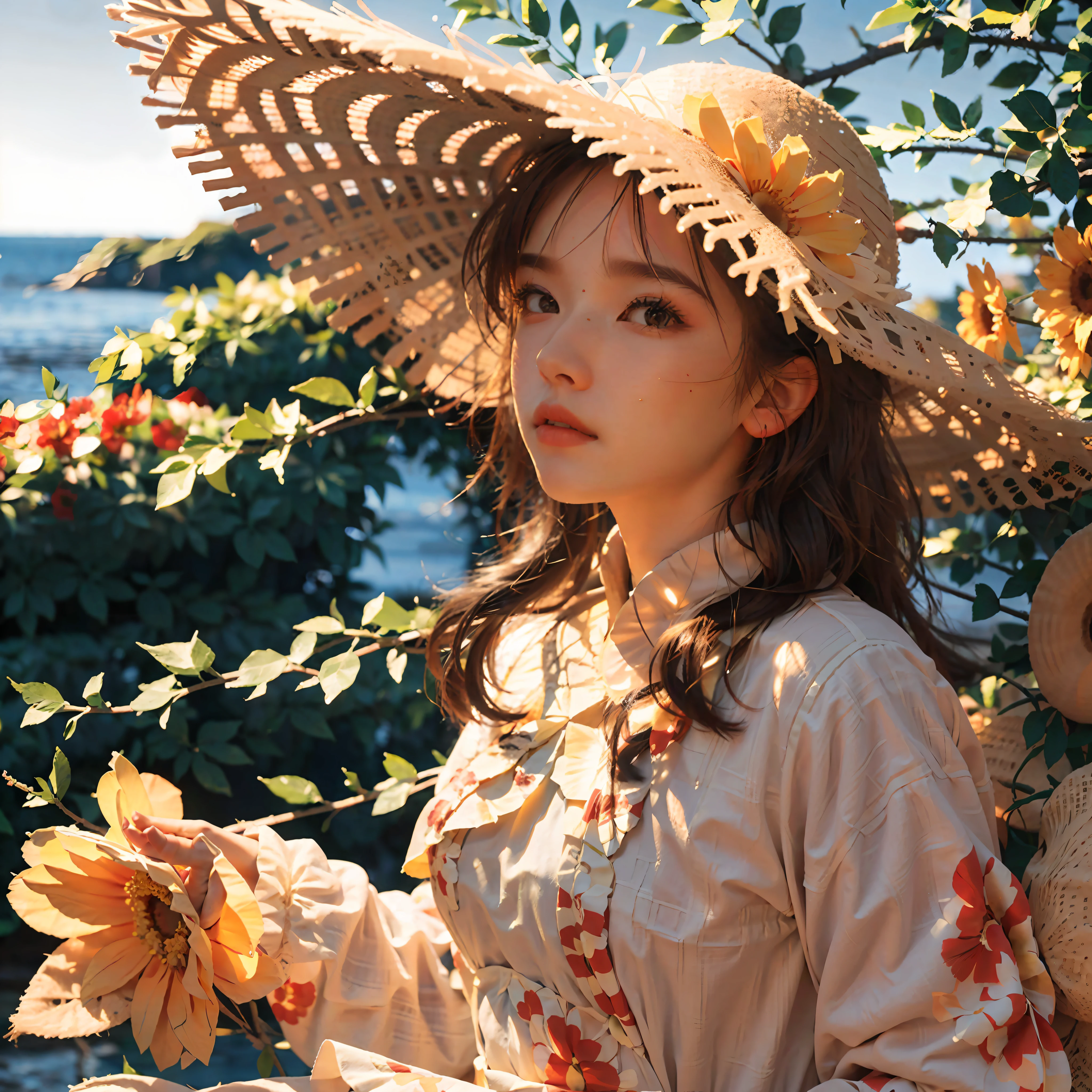 A girl, (close-up: 1.5), (facial focus: 2), (???? ??? Style: 1.5),
((sides: 2)), (1 girl surrounded by soft_light:1.5), (backlight: 1.8), (lighting), (flowing fabric: 1.3), (Floral_summer_dress:1.5), (Straw_hat:1.3)),
(masterpiece), realistic, HDR, highly detailed, 8k, original photo,
Ambient occlusion, nature, harmonious composition, warm colors, fine art photography,