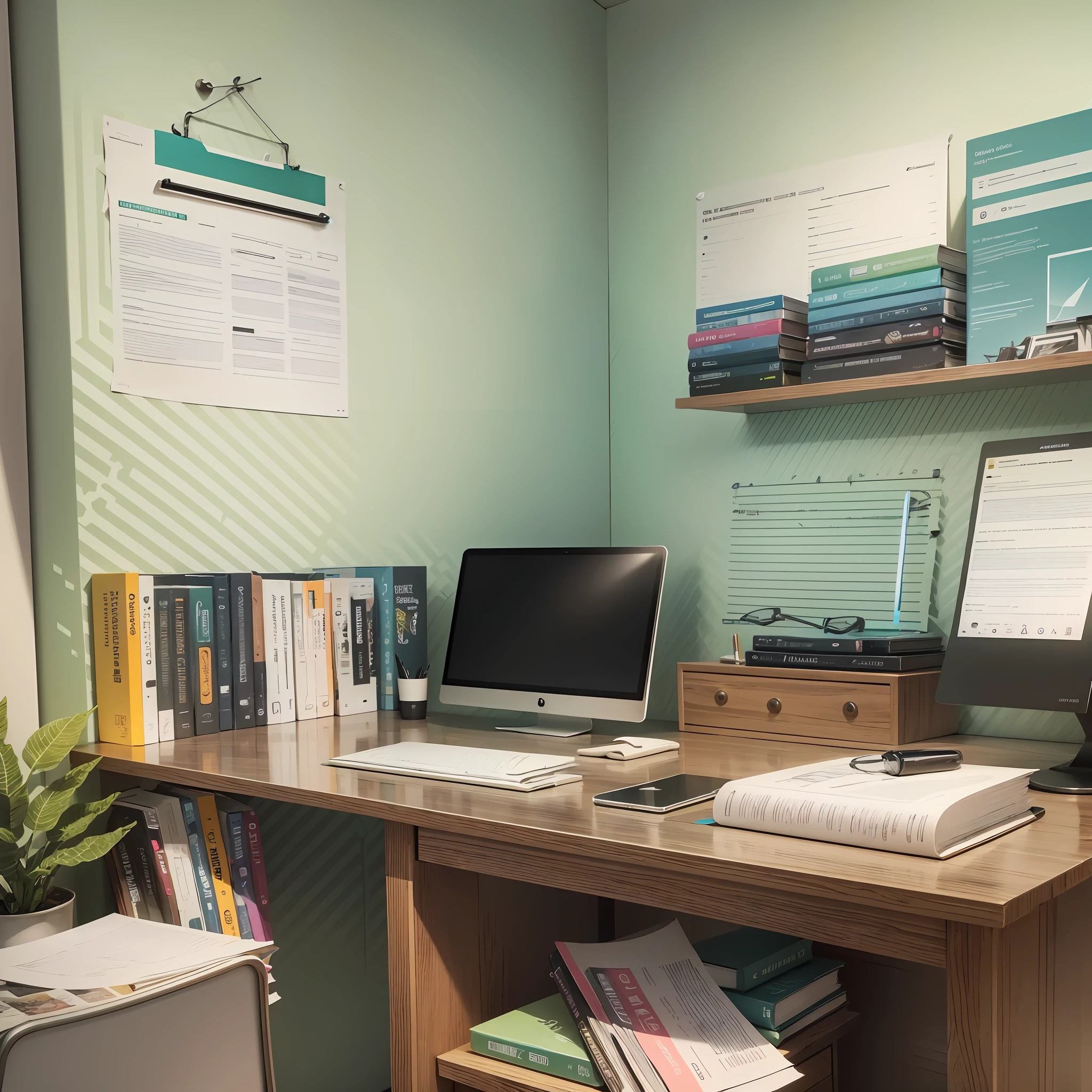 Create a study environment that has a desk, comfortable chair, computer, books, note-taking material, pens, wall board with motivational phrase, ventilated environment. A place where there is tranquility to study. An office, place with lots of detail and high definition image --auto --s2