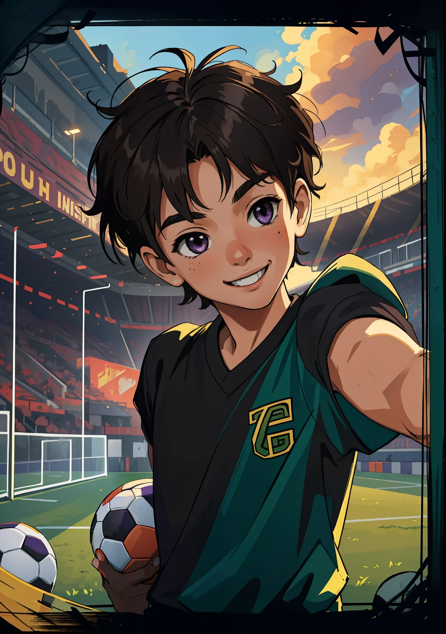 (masterpiece, best quality), intricate details, 8k, artstation, wallpaper, official art, splash art, sharp focus, 1 boy, child, short hair above ear half spiky, smiling, brown skin, bright purple eyes, holding a football, making, soccer court in the background, green grass, day, dark black hair, soccer ball in hand