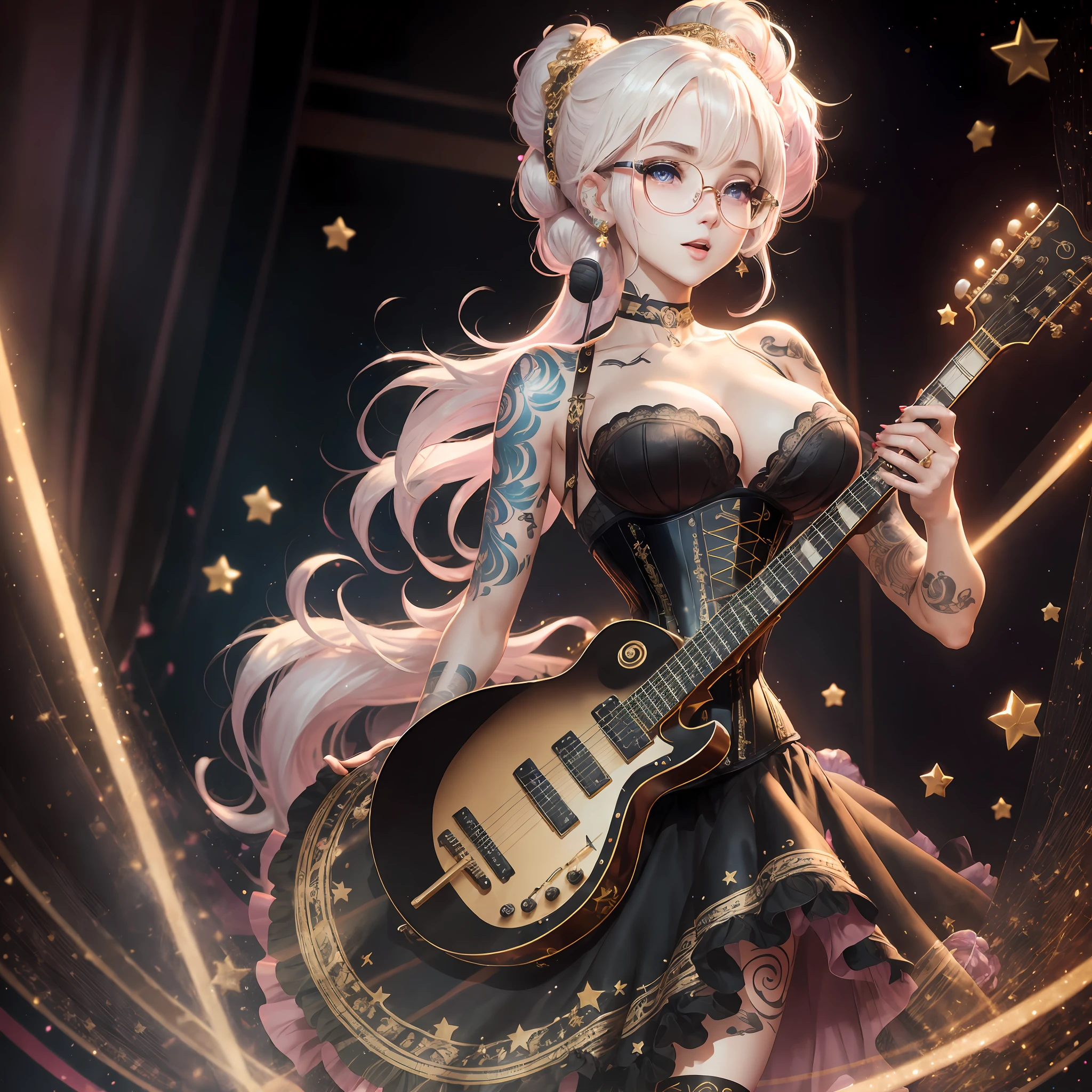 very high image quality, high quality, masterpiece, exquisite, 16k, anime illustrations, great proportions, white glossy short hair with splashes in places, messy hair, half-up knitting ponytail hair style, intelligent beauty, black glasses, sparkling blue big eyes, glossy pink lips, laugh like a prankster, happy, shy, huge breasts, slender, full body, tattoos, black corset dress with gold embroidery, singing a song, playing the star shaped electric guitar, microphone, live stage