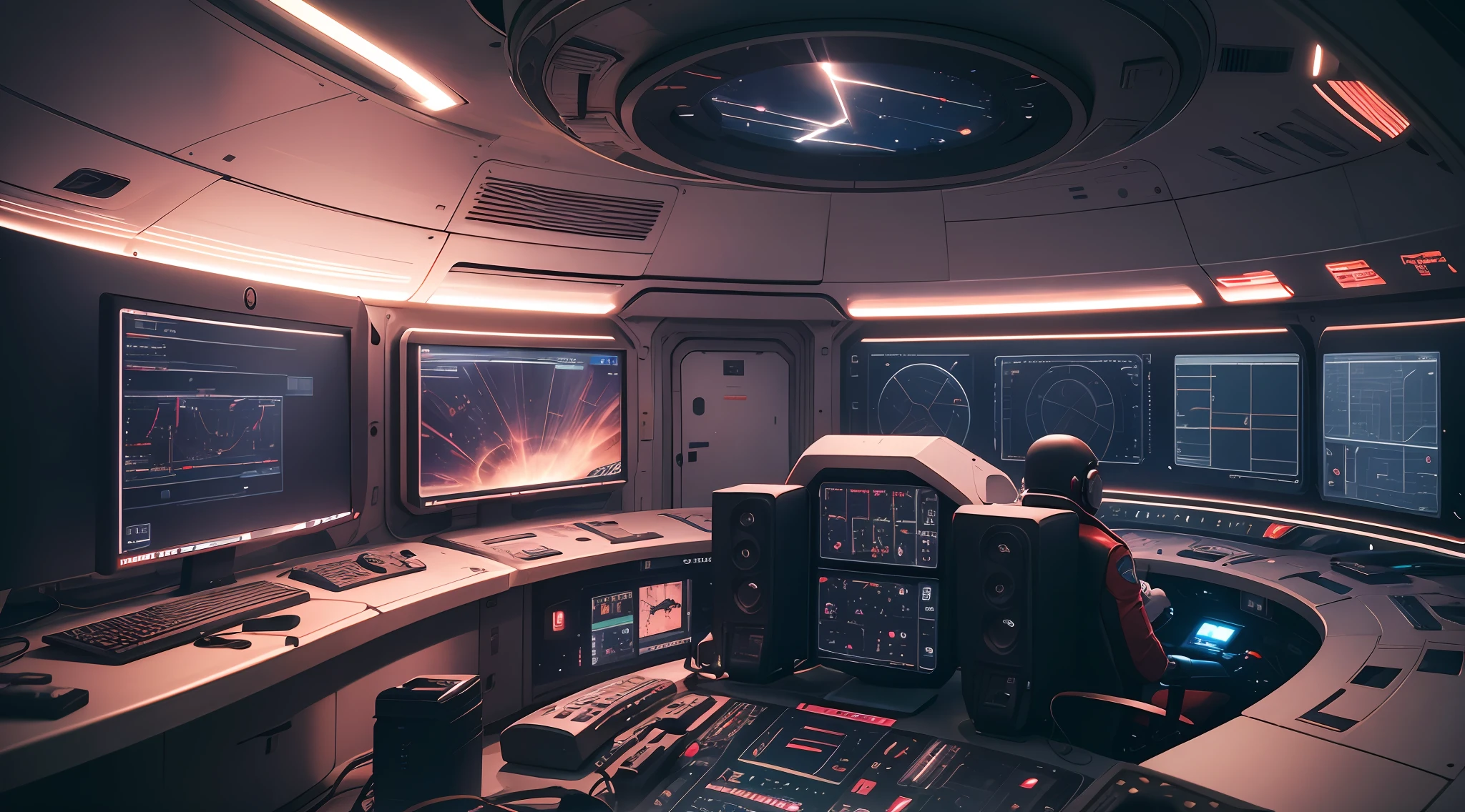 space station, Inside the capsule, A large number of monitors, Raise an alert, red light, Male astronaut in the control room, realistness, super detailh, Ultra High definition, metallic texture, Metal wear, Futurism, cinematic Lighting, Conceptual art, Futurism, Surrealism, high detail, cinematic lighting, close-up, super detail, UHD --auto --s2