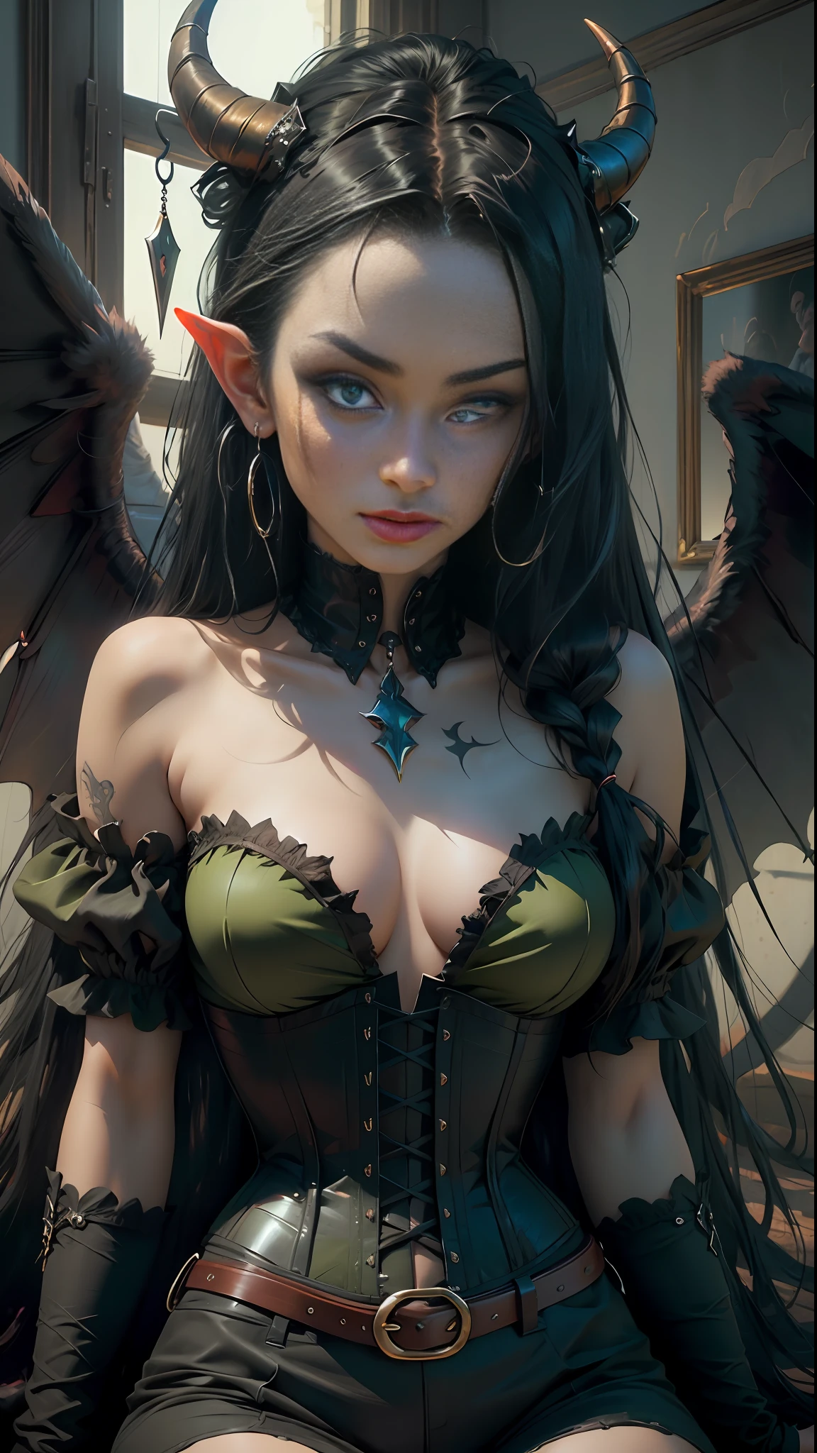 Realistic masterpiece of a demon girl with long black hair, a corset, horns, black wings, cat eyes, and perfect green eyes in a dark environment.