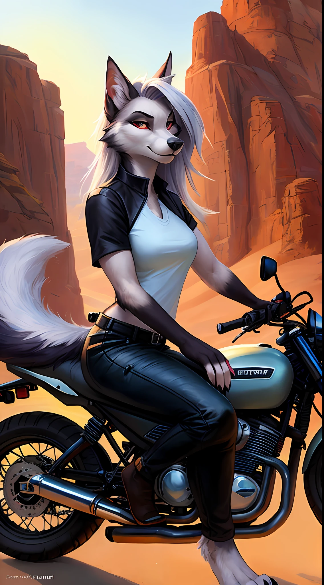 uploaded to e621, raw photo, realistic, anthro, detailed face, detailed fur, high resolution, beautiful and detailed portrait of Helluva Boss, Loona Hellhound, Loona, kenket, Ross Tran,ruan jia, zaush, foxovh, cenematic lighting, small chest, whole body, beautiful, motorcycle outfit, confident smiling face, solo, 1girl, in the desert, parked on the side of a road, sitting on the motorcycle