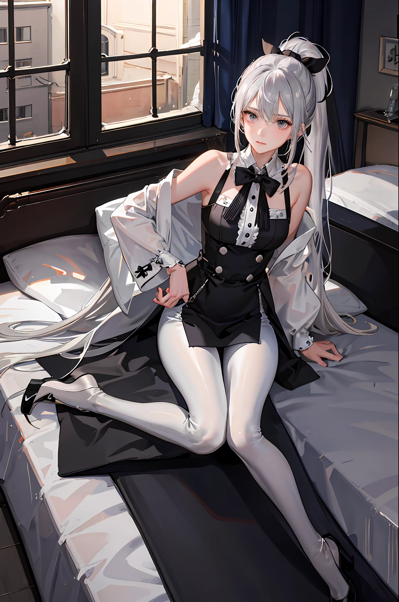 (1 girl), ray tracing, (dim lighting), [detailed background (bedroom), (silver hair), (silver hair) (shaggy silver hair, plump and slim girl) (with high ponytail) alone in the bedroom, blonde eyes (girl wearing intricately embroidered black high-waisted pants with pantyhose) and white ruffled bow gloves), showing a delicate slim figure and graceful curves, correct limbs! Sitting on the bed, delicate facial features, attention to the overall details, masterpiece