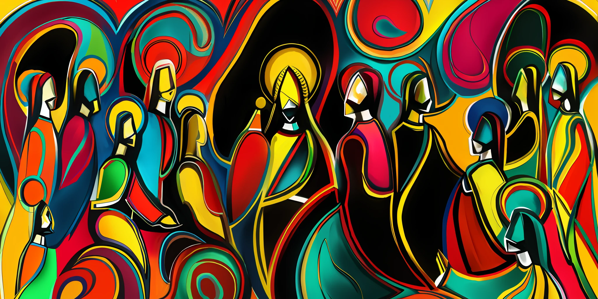 brightly colored abstract painting of a group of people, brightly coloured oil on canvas, abstract figurative art, by Chinwe Chukwuogo-Roy, by Károly Kisfaludy, colourful artwork, by Sándor Bortnyik, by Bernard D’Andrea, by George Morrison, by Stanley Bahe, spiritual abstract forms, by Eileen Aldridge --auto --s2