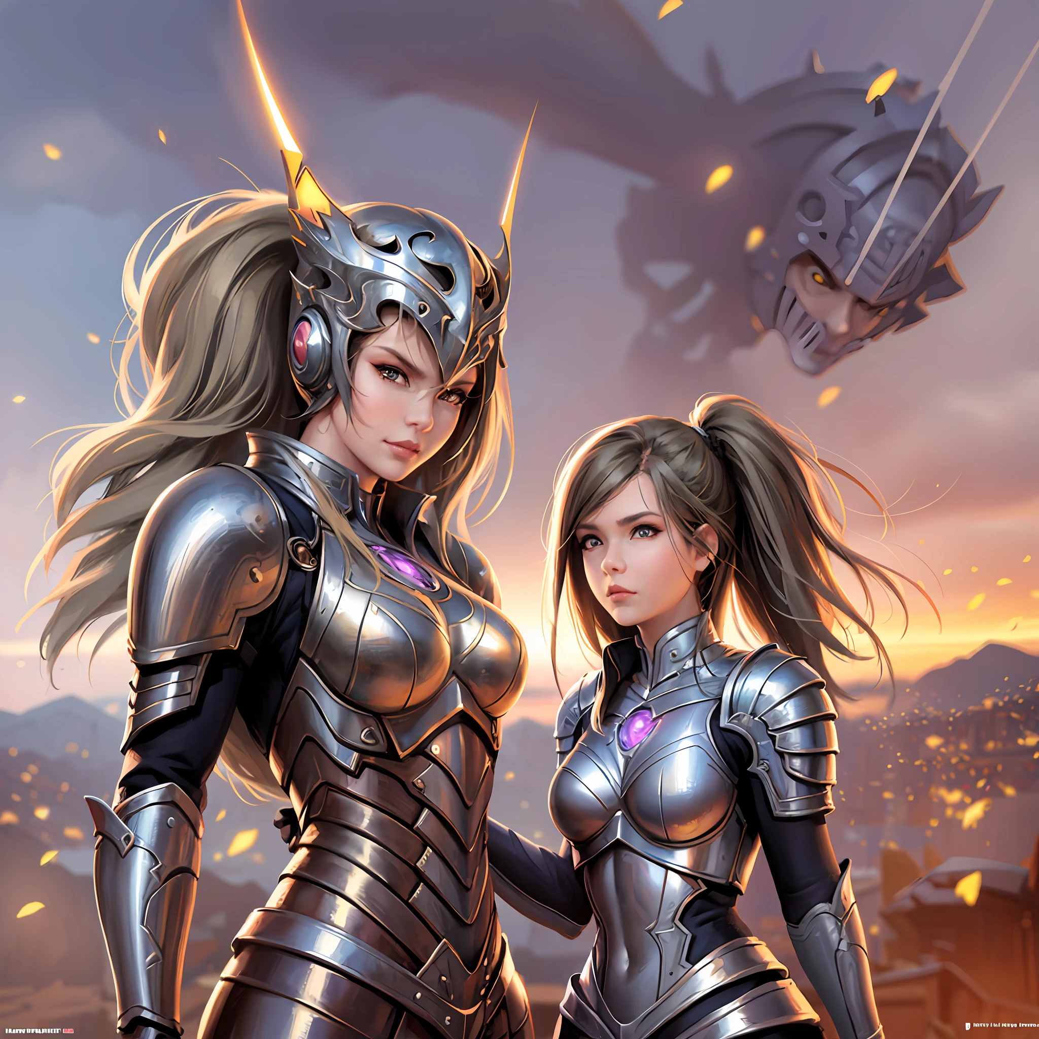 1 man and 1 woman in armor standing in front of a lightning storm, Aly Fell and Artgerm, Wlop and Artgerm, Artgerm Julie Bell Beeple, Artist Artgerm I and Wlop, Artgerm and Genzoman, Artgerm JSC, Ruan Jia and Artgerm, Artgerm Comic --auto --s2