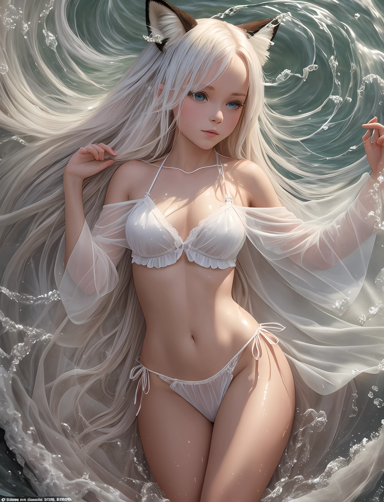 sfw,full shot, full detailed body, erotic masterpiece, Romantic mood, miniature ta 20 years old albino rapunzel in a transparent tunic walks barefoot along the seashore on the left, a wave and sea foam roll over the girl's legs in a wave,detailed wet body and legs,wet skin,graceful endomorph physique and tender and beautiful girlish, small breasts in the shape of a fox nose. through the fabric of transparent panties, a convexity of feminine charms is visible, the lighting of the scene from the right behind the sun falls forming a rim light around the contours of the girl, in front of the soft light is reflected, highlighting the face and body forming soft beautiful chiaroscuro, shot on Nikon Z9 II and telephoto lens Nikon NIKKOR Z 135mm f/ 2.8 VR, chiaroscuro, hyperrealism, brightness, 8k, best quality, UHD, masterpiece, super detail, best quality, Jose Villa style, fine art style, romantic erotic masterpiece --auto --s2