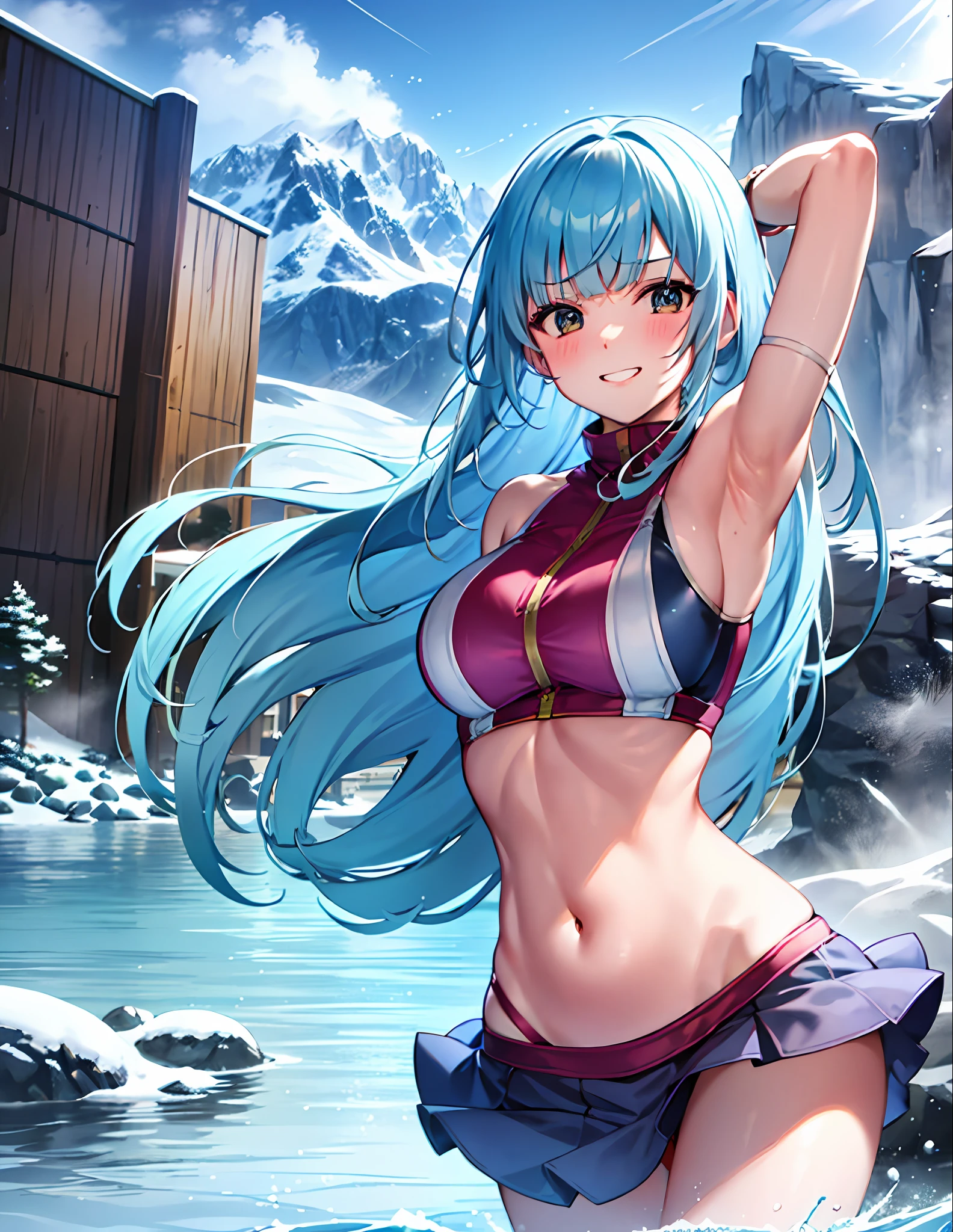 KulaMS, blush, grin, blue bikini, afloat, in water, water, mountains, mountainous horizon, snowing, winter, snowflakes, cold, blizzard, arms_behind_head, armpits, wet