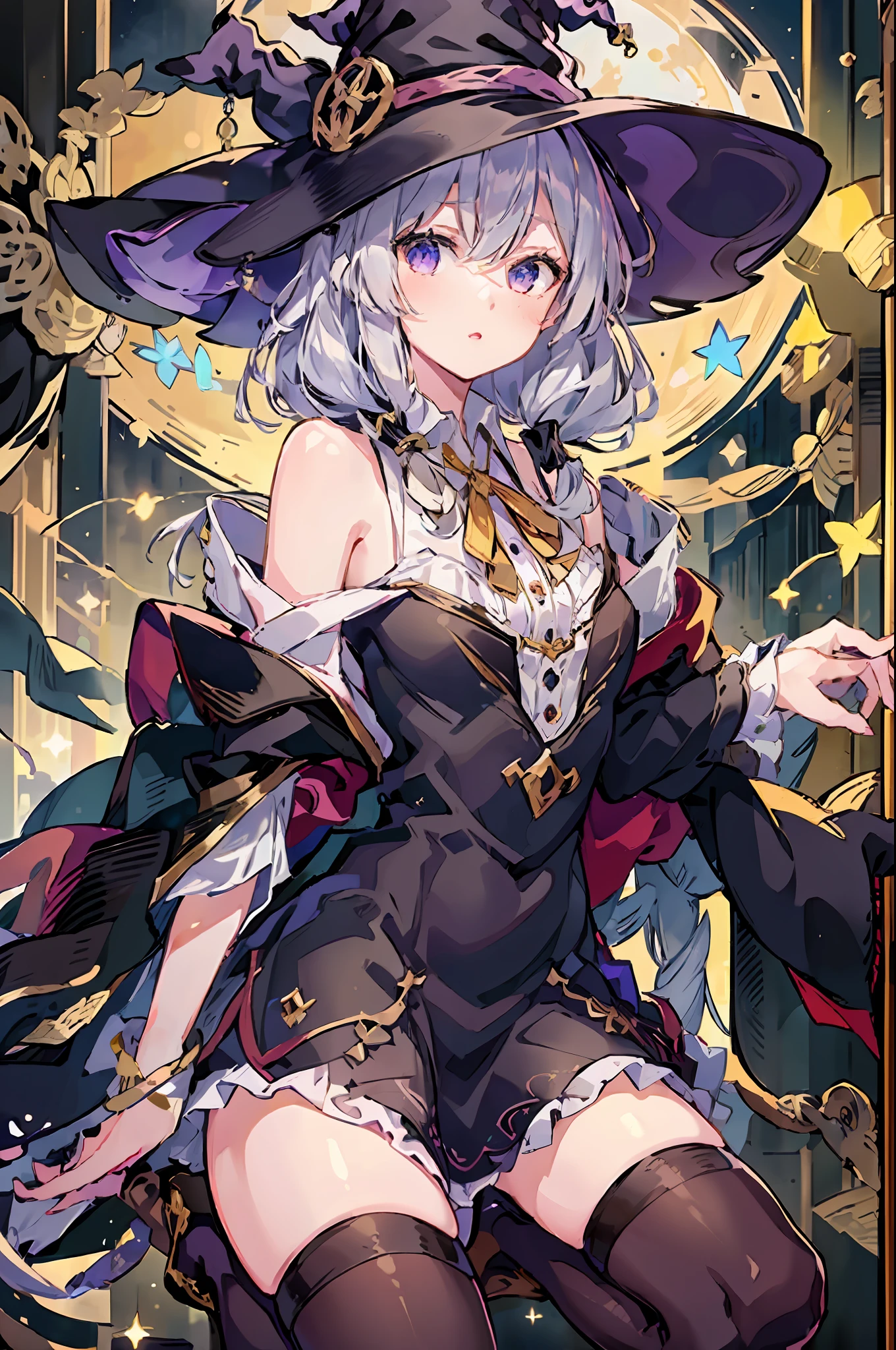 ((yileina)),(((masterpiece))),(best quality))),((very detail)))),bare shoulders ,white_collared shirt,yellow ribbon,witch hat,black robe,black skirt,loli,night,moon,shine,:D