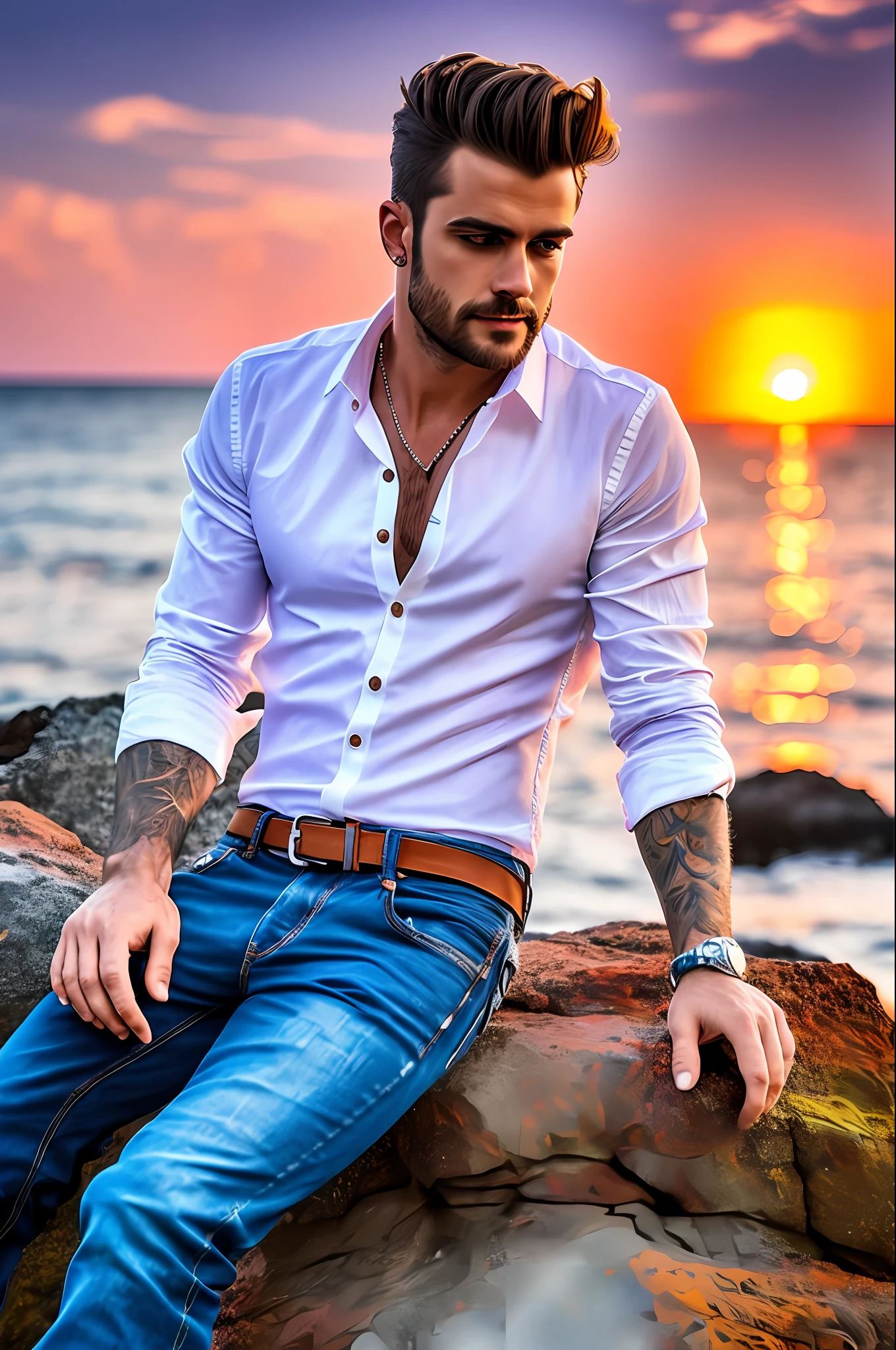 Handsome sexy Man sitting on a rock by the sea in a colorful sunset. He is dressed in jeans and shirt ((white without buttoning)). Photorealistic style. Intricacy. Hyper-detailed. 8k. High quality