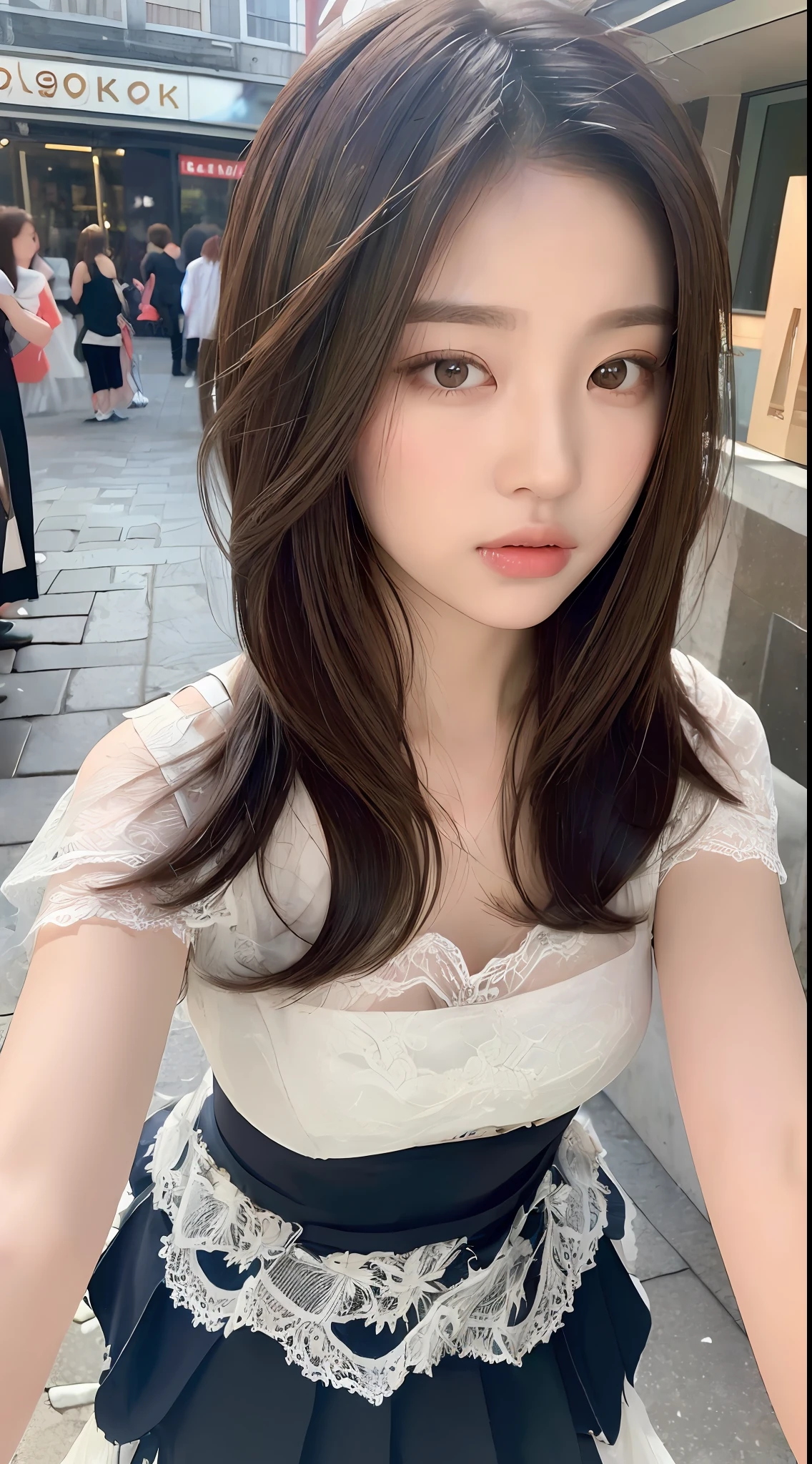 ((Best quality, 8k, Masterpiece :1.3)), Sharp focus :1.2, Perfect Body Beauty:1.4, Slim Abs:1.2, ((Layered hairstyle, shyness:1.2)), (Street:1.2), Highly detailed face and skin texture, Fine eyes, Double eyelids, (Lace skirt: 1.3),