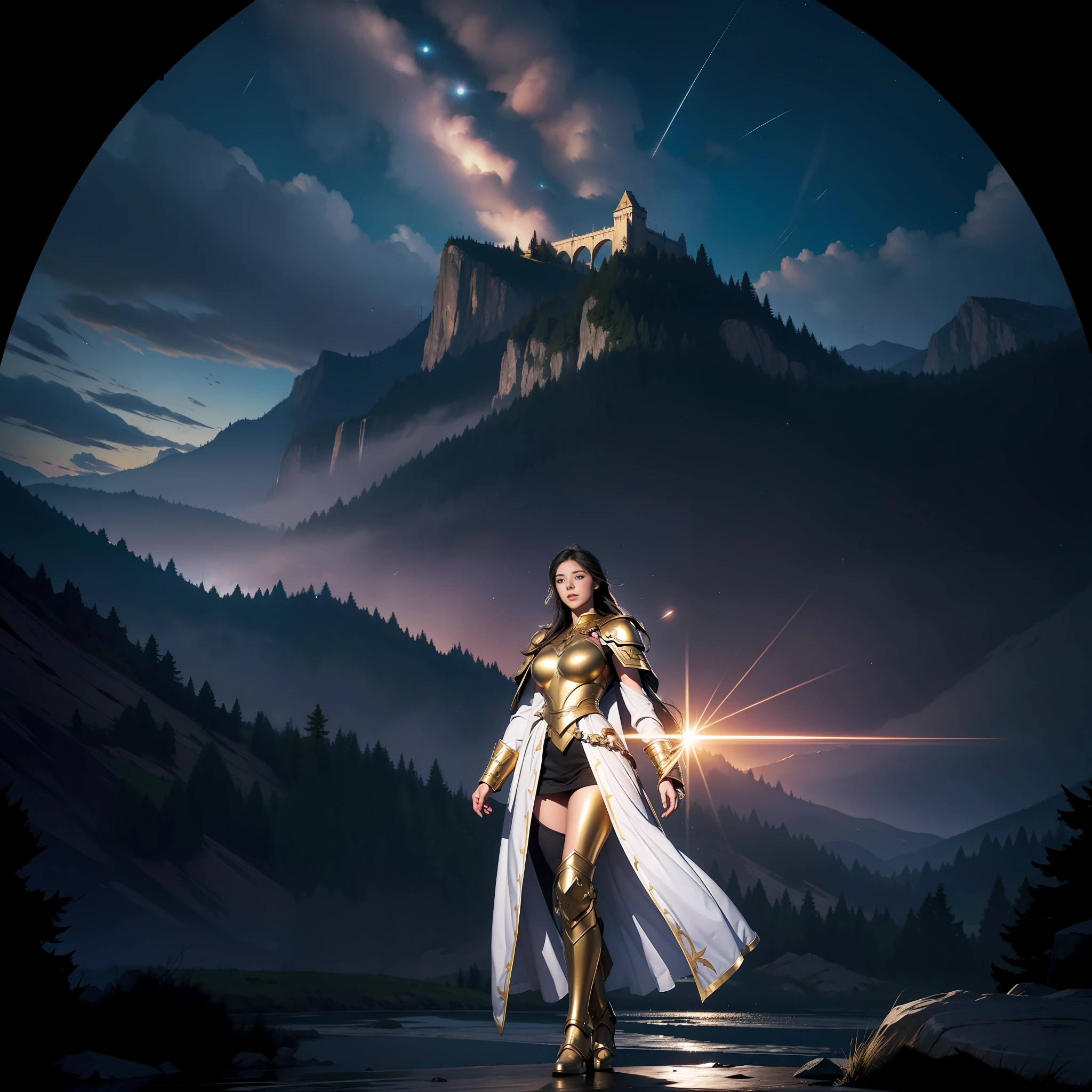 best quality, high resolution, 1 girl, (girl), high, handsome face, golden eyes, deep eyes, black hair, hair, hair, hair, golden armor, paladin armor, holy sword, sword, white robe, white cloak, goddess athena, goddess of miracles, goddess of war, night sky, deep night sky, sky full of stars, golden bridge, mountain range, bridge over a mountain, atmospheric perspective, divine ray, full body perspective, black tones, cinematic lighting effects, surrealism, cinematic perspective, from below, (high detail), High resolution