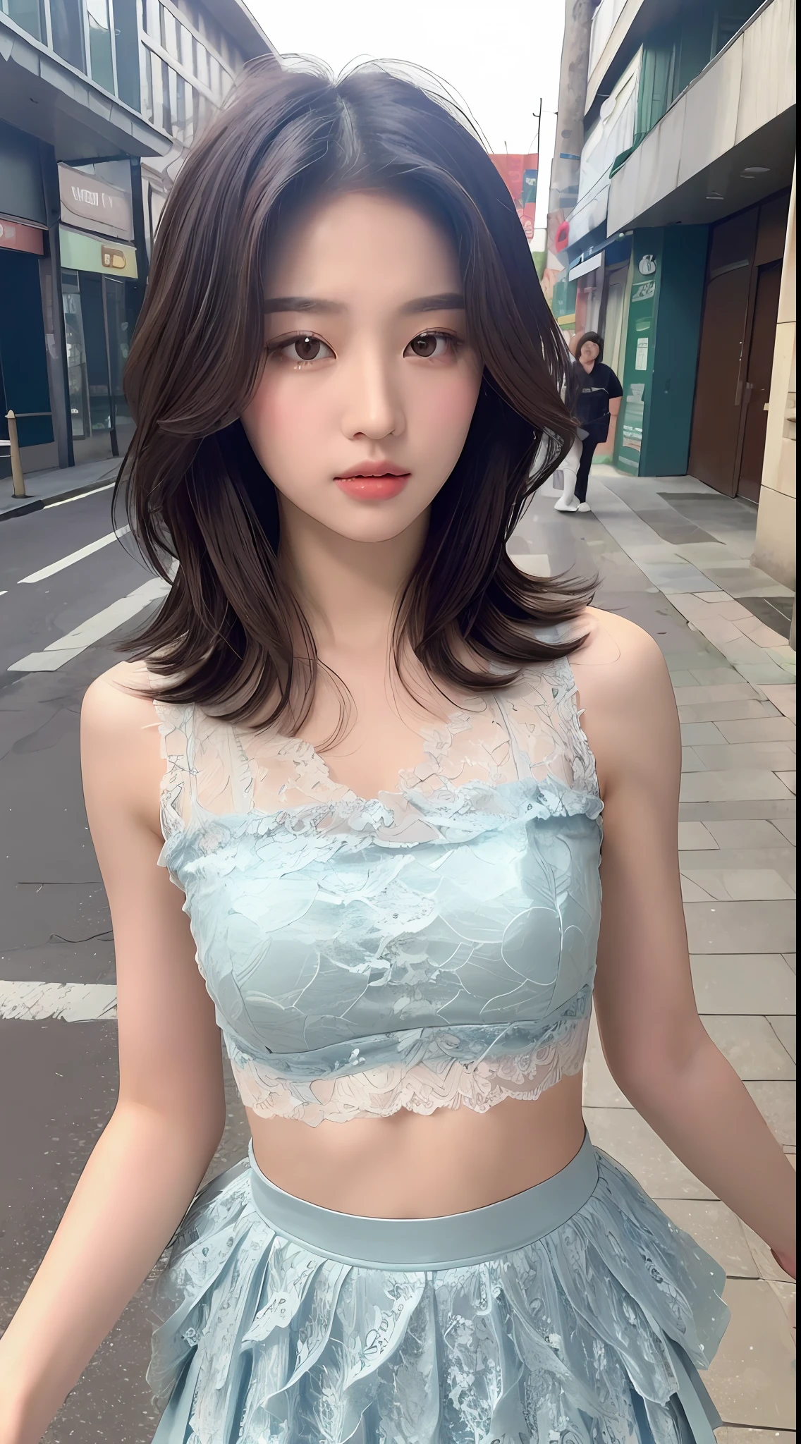 ((Best quality, 8k, Masterpiece :1.3)), Sharp focus :1.2, Perfect Body Beauty:1.4, Slim Abs:1.2, ((Layered hairstyle, shyness:1.2)), (Street:1.2), Highly detailed face and skin texture, Fine eyes, Double eyelids, (Lace skirt: 1.3),