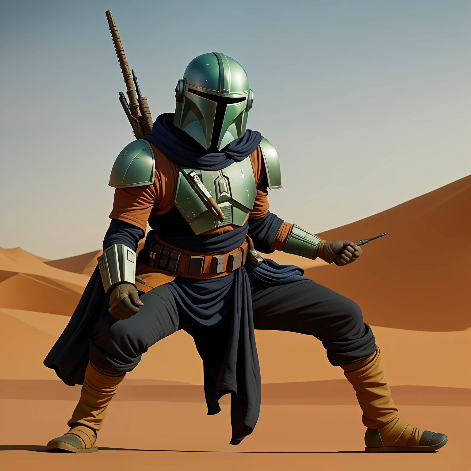 Your eyes may not be prepared to witness the grandeur and skill of the Mandalorian Jinjare, in battle position in the desert of Tatooine at dusk. Dressed in the galaxy's most coveted armor, the Beskar, he glows in ultra-realistic 4k detail. His right hand holds the dreaded black saber, while his left hand wields a blaster ready for any enemy who dares to cross his path. With all his strength and dexterity, Jinjare is an unforgettable figure amid the mystical and dangerous setting of Tatooine