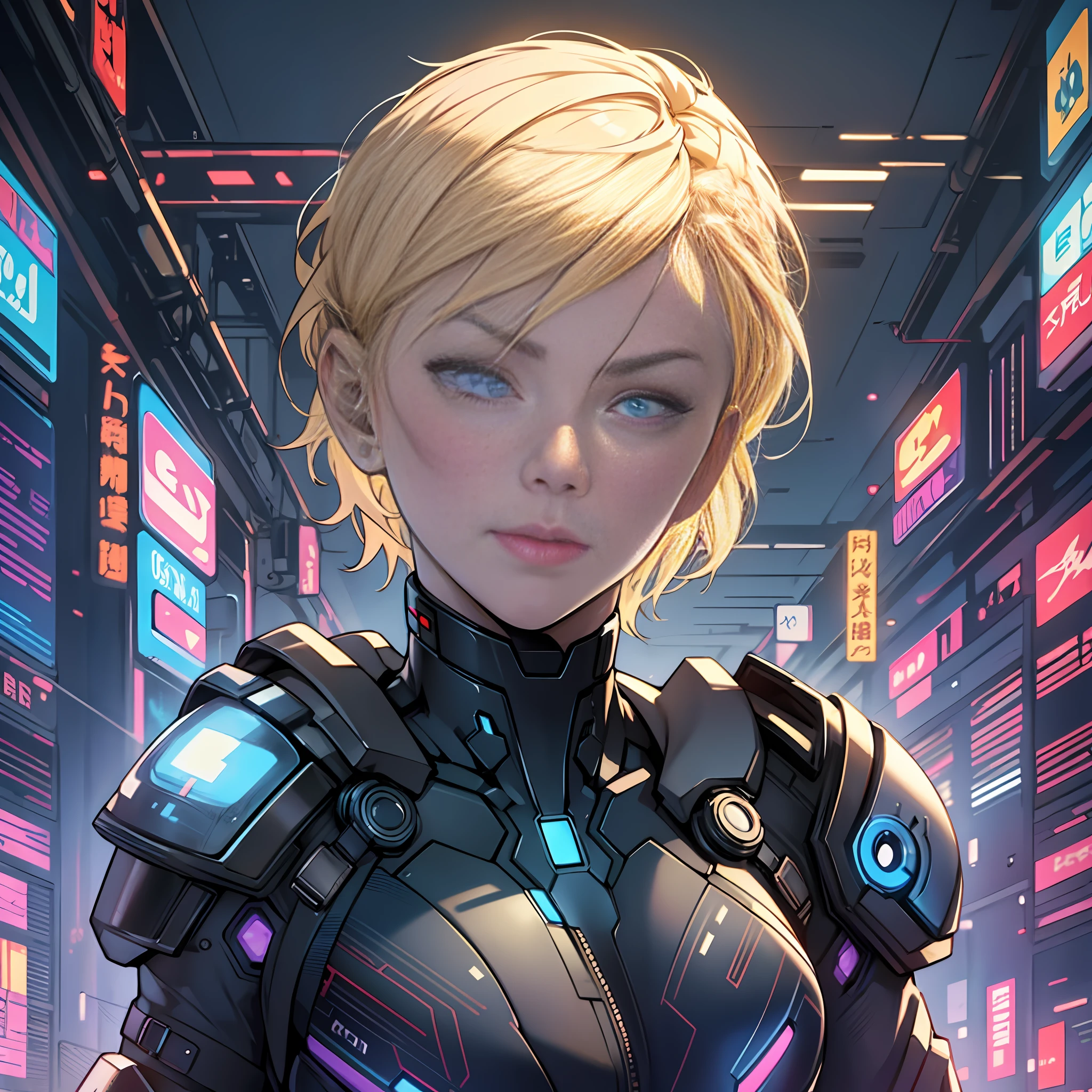Beautiful Blonde Woman, Braided Short Hair, Big Blue Eyes, Perfect Athletic Body, Full Body, Ghost In the Shell Golden and Black Suit with Hood, Futuristic World of CyberPunk --auto --s2