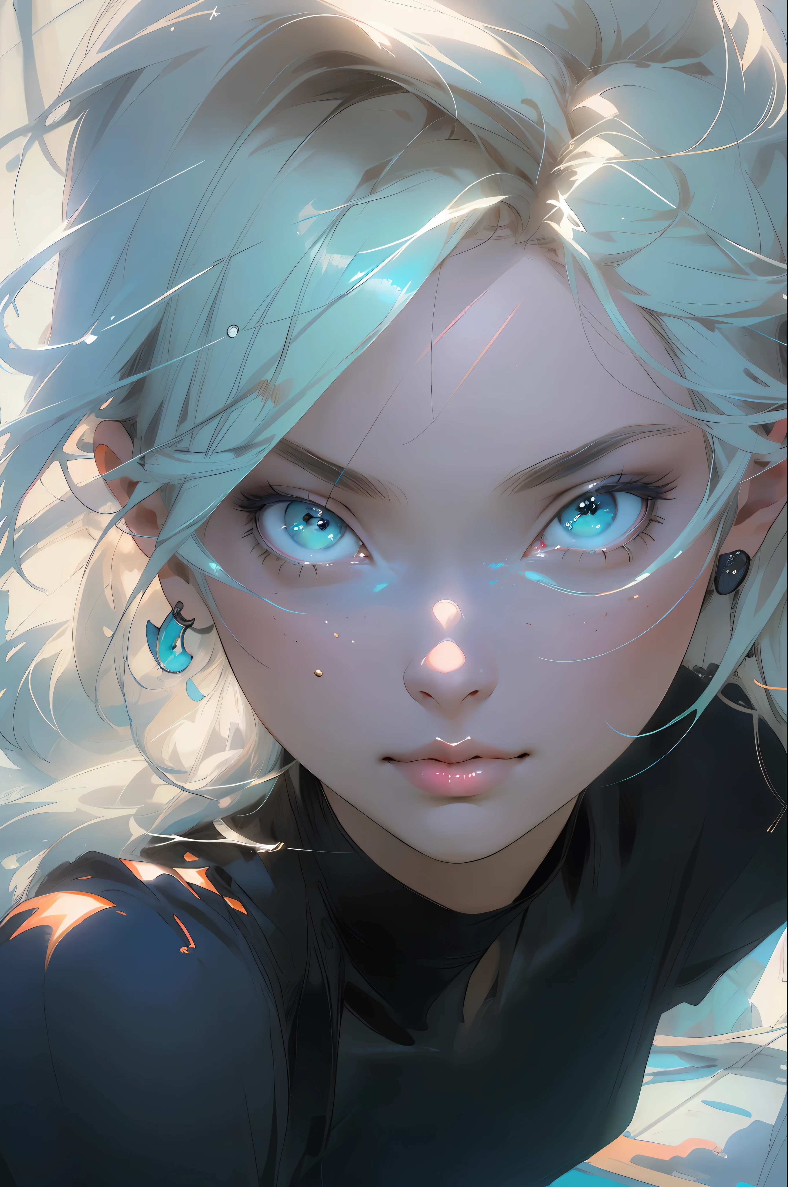 melancholy, quiet, calm, bright, masterpiece, best quality, 1girl, (JinxLol:1.2), (ultra photorealistic:1.3), (masterpiece:1.4), best quality, ((realistic)), high quality, ultra detailed, ((real image)), ((realistic skin)), ((realistic face)),(illustration:1.05), (beautiful:1.05), (beautiful detailed eyes:1.05), (cinematic light:1.1), turquoise blue detaches, full body