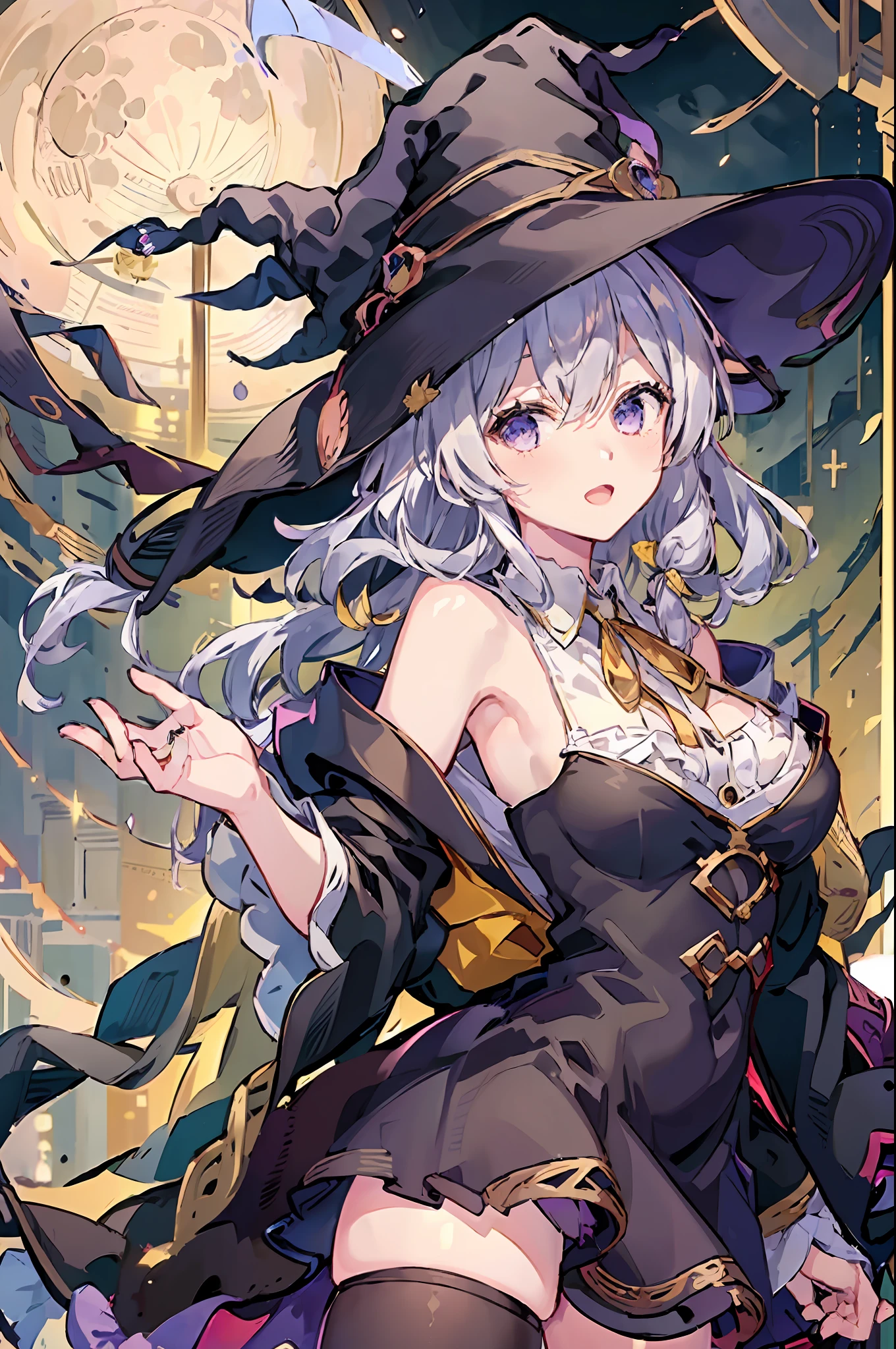 ((yileina)),(((masterpiece))),(best quality))),((very detail)))),bare shoulders ,white_collared shirt,yellow ribbon,witch hat,black robe,black skirt,loli,night,moon,shine,:D