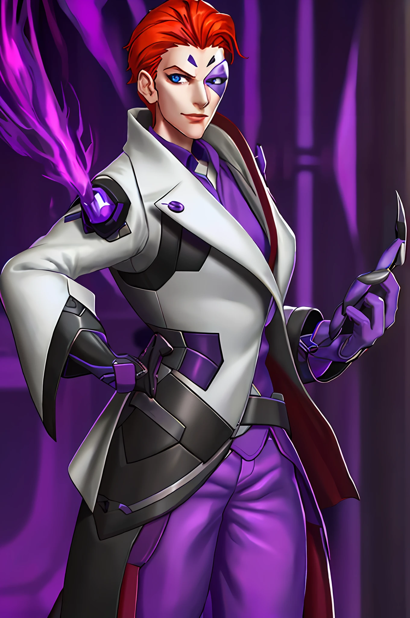 Moira, (bodysuit), scientist lab coat, heterochromia, red and blue eyes, half-mask, cruel smile, hands on hips, arrogant facial expression, looking at the viewer, bright, purple fire background, best quality