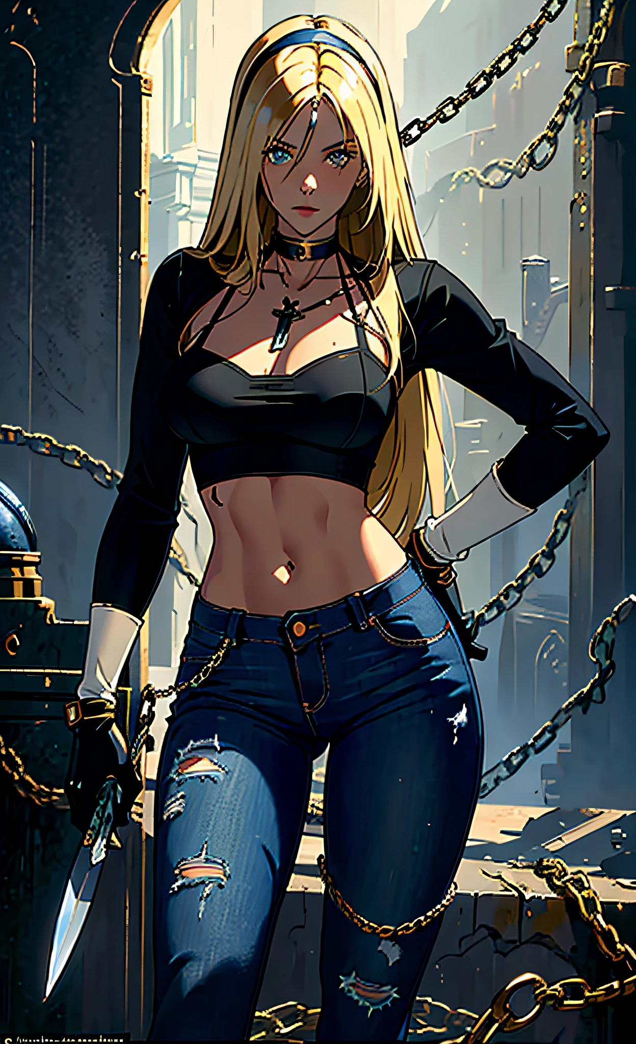 ((Masterpiece: 1.4, Best Quality)), (Ultra Detail, 8 Looks, High Resolution, Film Style), Collarbone, Gloves, Navel, Jeans, Chain, Open Legs, Long Hair, Blonde, Looking at the Audience, 1 Girl, Nun,, Knife Held, Battle Damage,