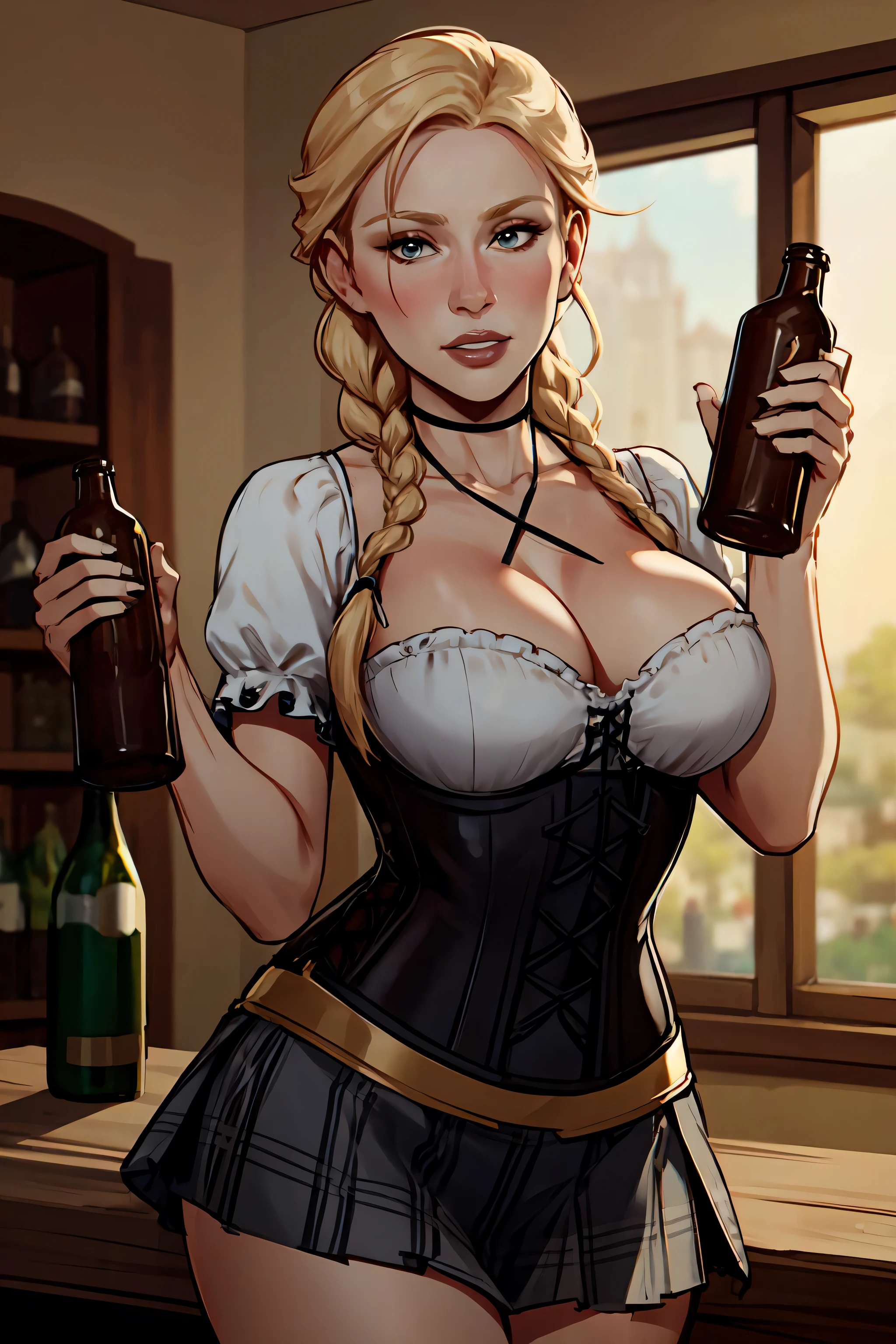 ch3rryg1g, cowboy shot of beautiful blonde lady, braid, black corset, choker, white ornate dress, plaid skirt, tavern indoors, bottles on table