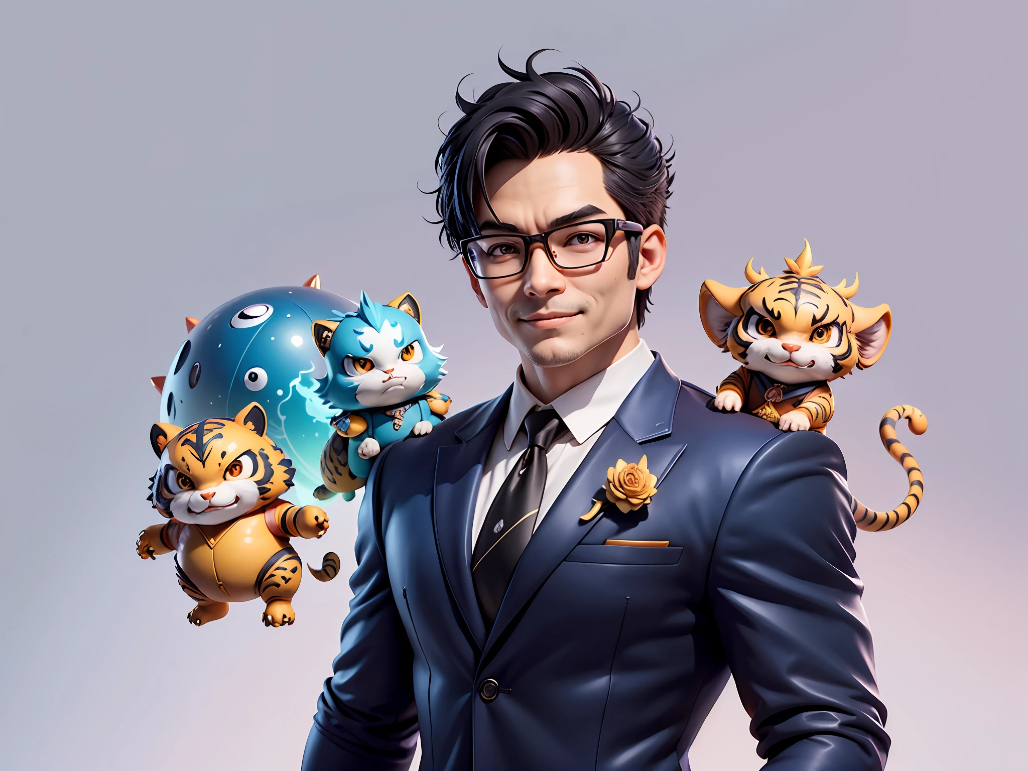 (Masterpiece), (Extreme Quality), (Super Meticulous), (Full Body: 1.2), Super Young Man, Chinese Dragon, Tiger, Wind God Thor, Sexy, Bursting, Oriental Face, TV Anchor, Bust Portrait Illustration, Black Formal Suit, Blue Tie, Slightly Chubby Face, Silver Glasses, Very Clean Face, No Beard on Chin, Black Super Short Hair, Black Eyes, Confident Smile, 3c Computer Sub-Products, iPad, iPhone, Digital Painting, 3D Character Design by Mark Claireden and Pixar and Hayao Miyazaki and Akira Toriyama, The illustration is a high-definition illustration in 4K resolution with very detailed facial features and cartoon-style visuals.