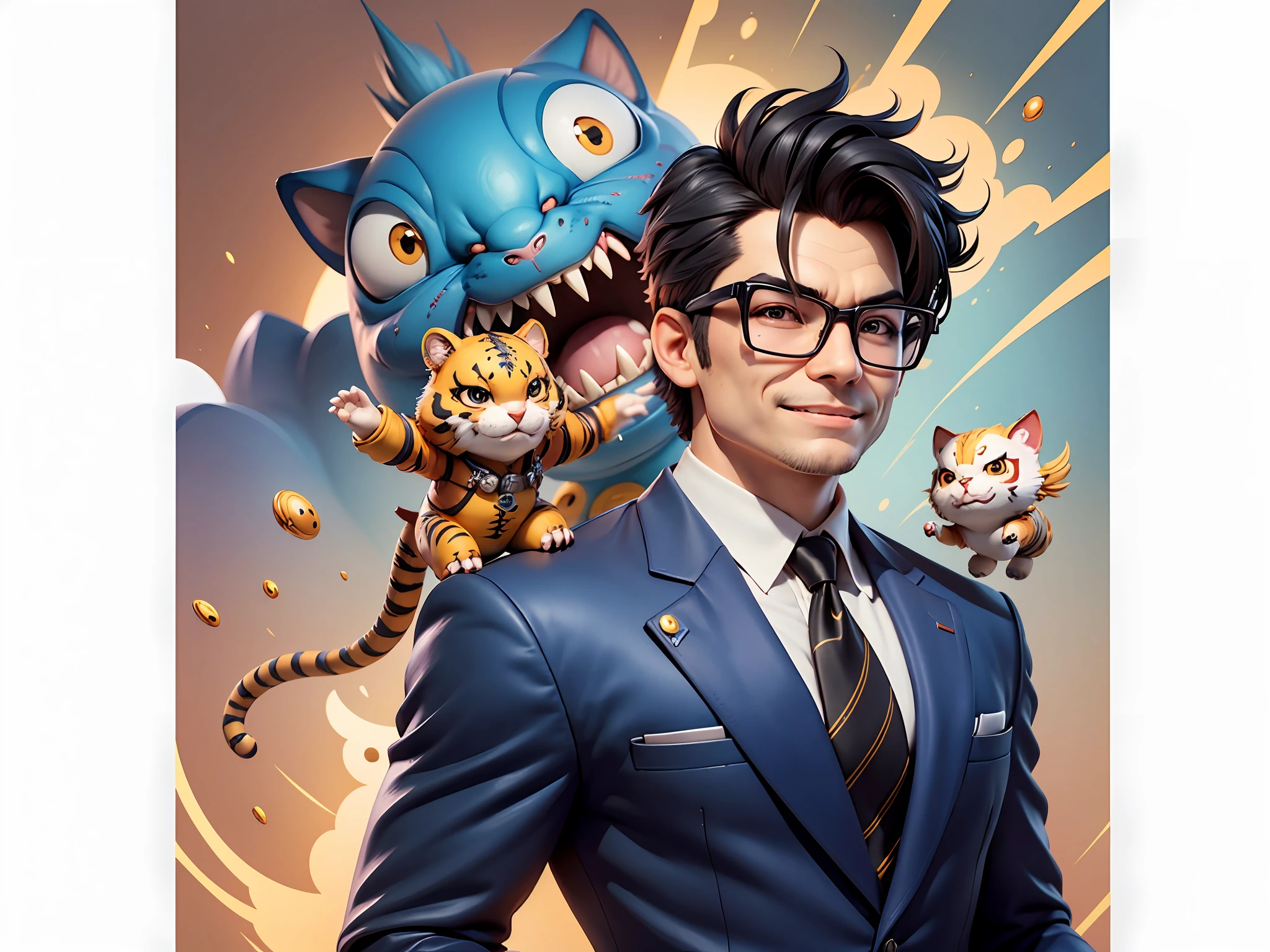 (Masterpiece), (Extreme Quality), (Super Meticulous), (Full Body: 1.2), Super Young Man, Chinese Dragon, Tiger, Wind God Thor, Sexy, Bursting, Oriental Face, TV Anchor, Bust Portrait Illustration, Black Formal Suit, Blue Tie, Slightly Chubby Face, Silver Glasses, Very Clean Face, No Beard on Chin, Black Super Short Hair, Black Eyes, Confident Smile, 3c Computer Sub-Products, iPad, iPhone, Digital Painting, 3D Character Design by Mark Claireden and Pixar and Hayao Miyazaki and Akira Toriyama, The illustration is a high-definition illustration in 4K resolution with very detailed facial features and cartoon-style visuals.