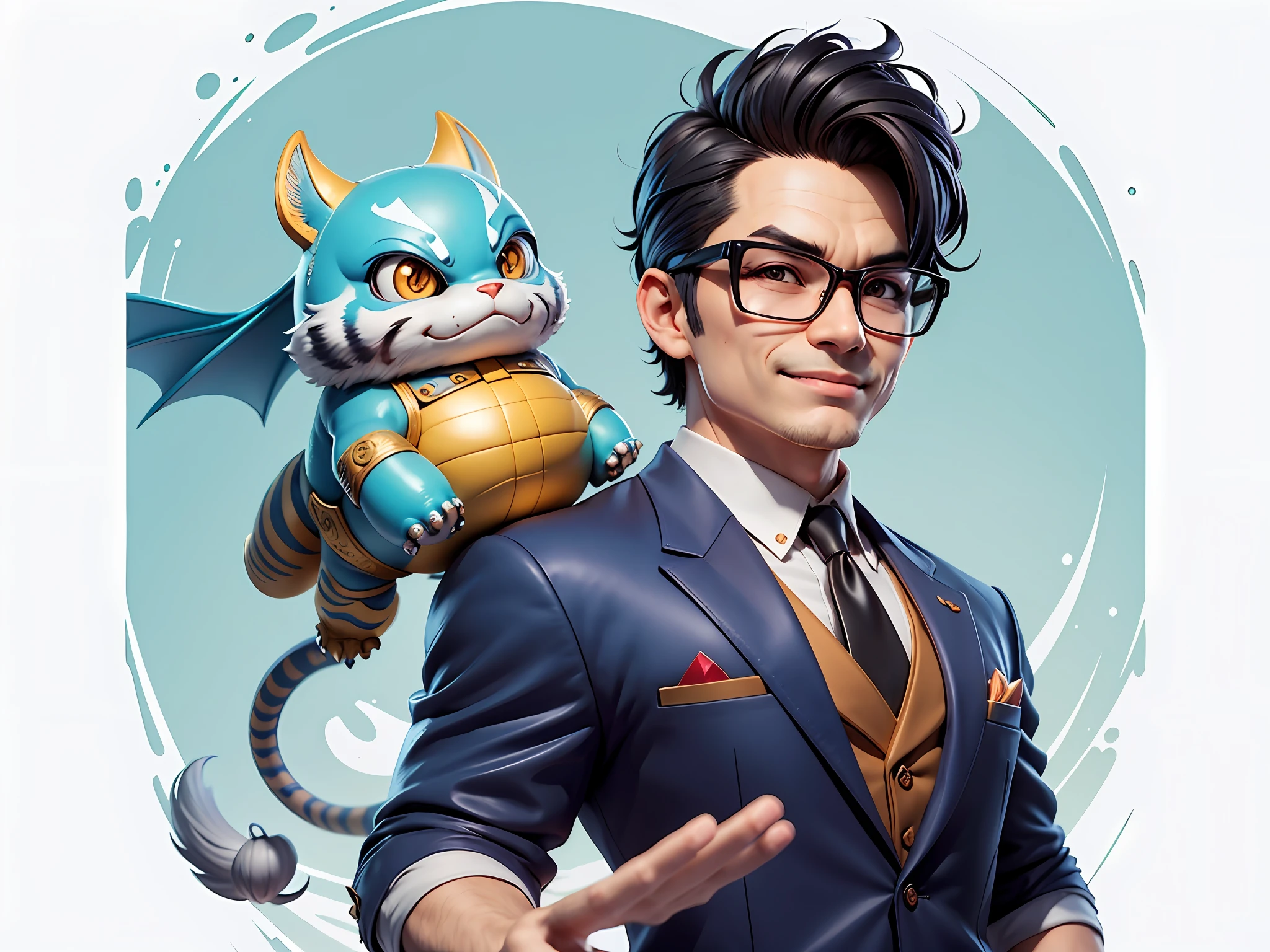 (Masterpiece), (Extreme Quality), (Super Meticulous), (Full Body: 1.2), Super Young Man, Chinese Dragon, Tiger, Wind God Thor, Sexy, Bursting, Oriental Face, TV Anchor, Bust Portrait Illustration, Black Formal Suit, Blue Tie, Slightly Chubby Face, Silver Glasses, Very Clean Face, No Beard on Chin, Black Super Short Hair, Black Eyes, Confident Smile, 3c Computer Sub-Products, iPad, iPhone, Digital Painting, 3D Character Design by Mark Claireden and Pixar and Hayao Miyazaki and Akira Toriyama, The illustration is a high-definition illustration in 4K resolution with very detailed facial features and cartoon-style visuals.