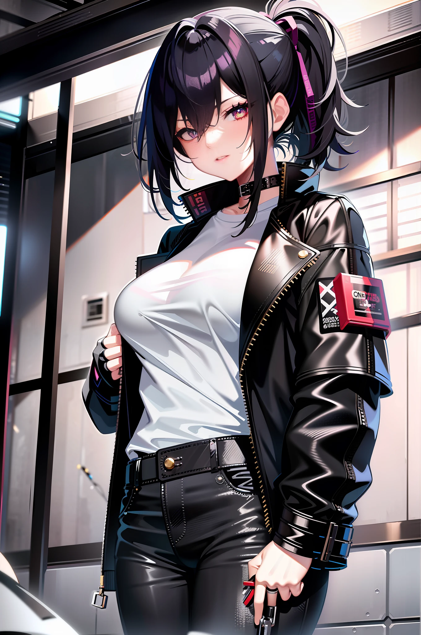 anime girl in black leather jacket and jeans standing in a garage, badass anime 8 k, anime style 4 k, anime style. 8k, cyberpunk anime girl, jet black haired cyberpunk girl, female cyberpunk anime girl, kantai collection style, seductive anime girl, anime moe artstyle, 4k anime wallpaper, cyberpunk anime girl in hoodie, style anime