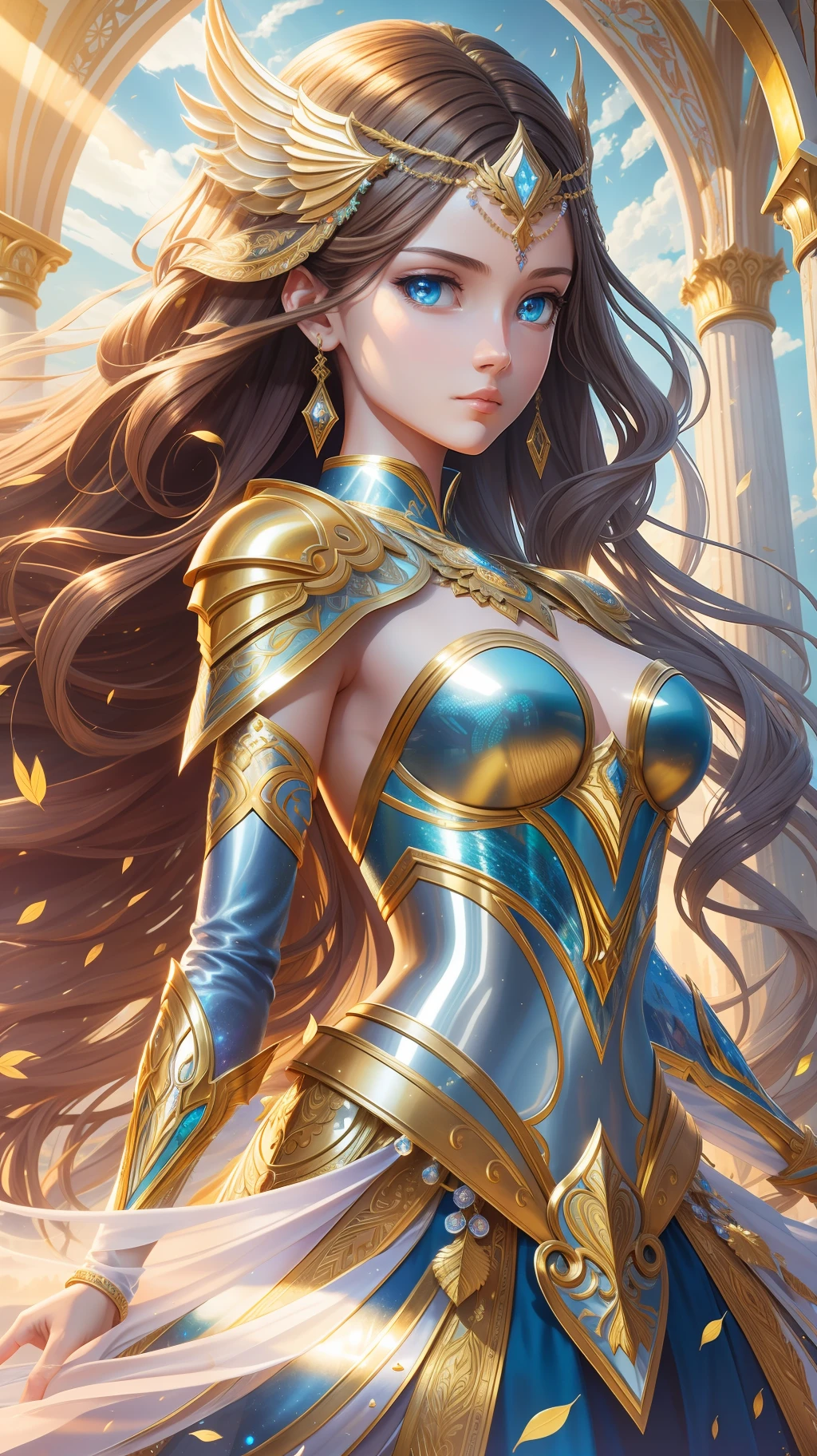 award winning concept art of tall (1girl:1.2) in quartz shiny ornate armor, epic, god rays, centered, (masterpiece:1.2), (best quality:1.2), Amazing, highly detailed, beautiful, finely detail, warm soft color grading, Depth of field, extremely detailed 8k, fine art, stunning, iridescent, shiny, light reflections, crisp, curls, wind, flying leaves, dynamic pose, hyper realism, vibrant, sunlit